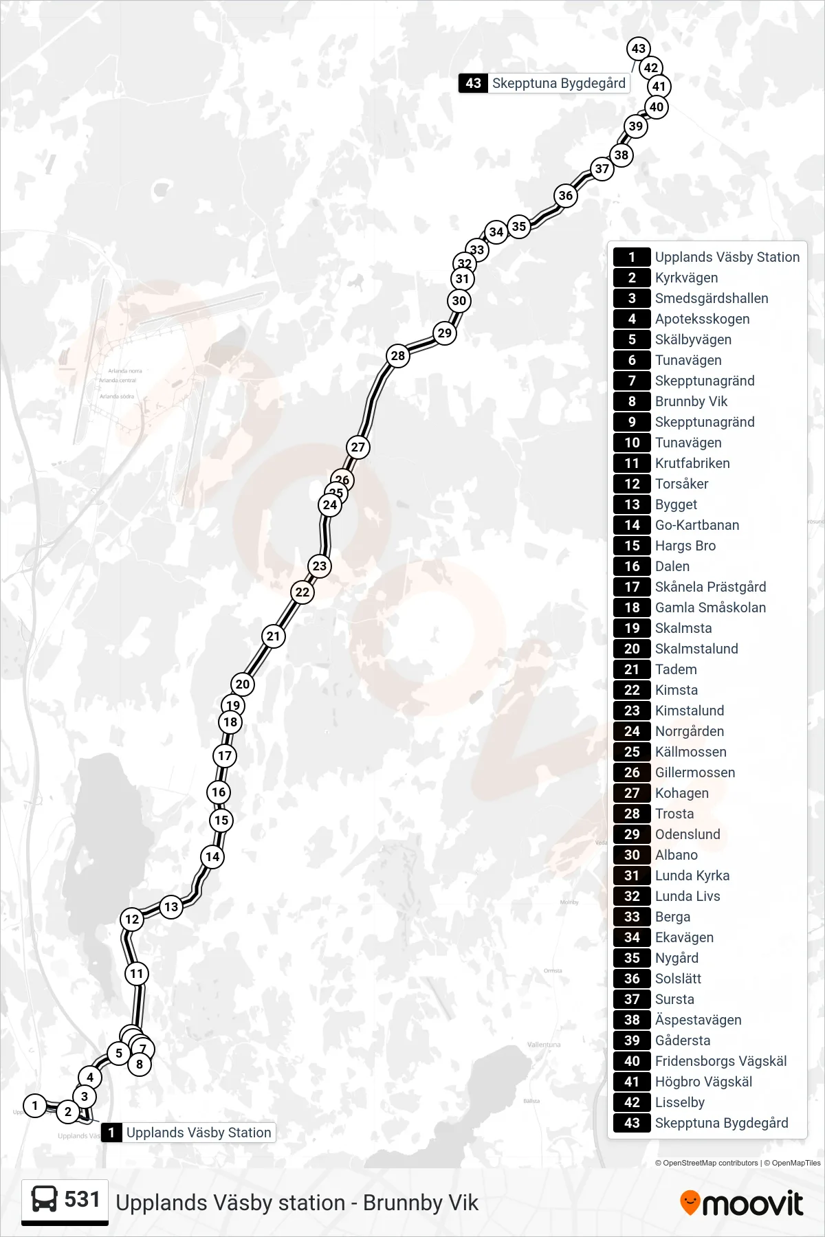 Rutt och hållplatser på karta för linje 531 buss, (Skepptuna Bygdegård)
