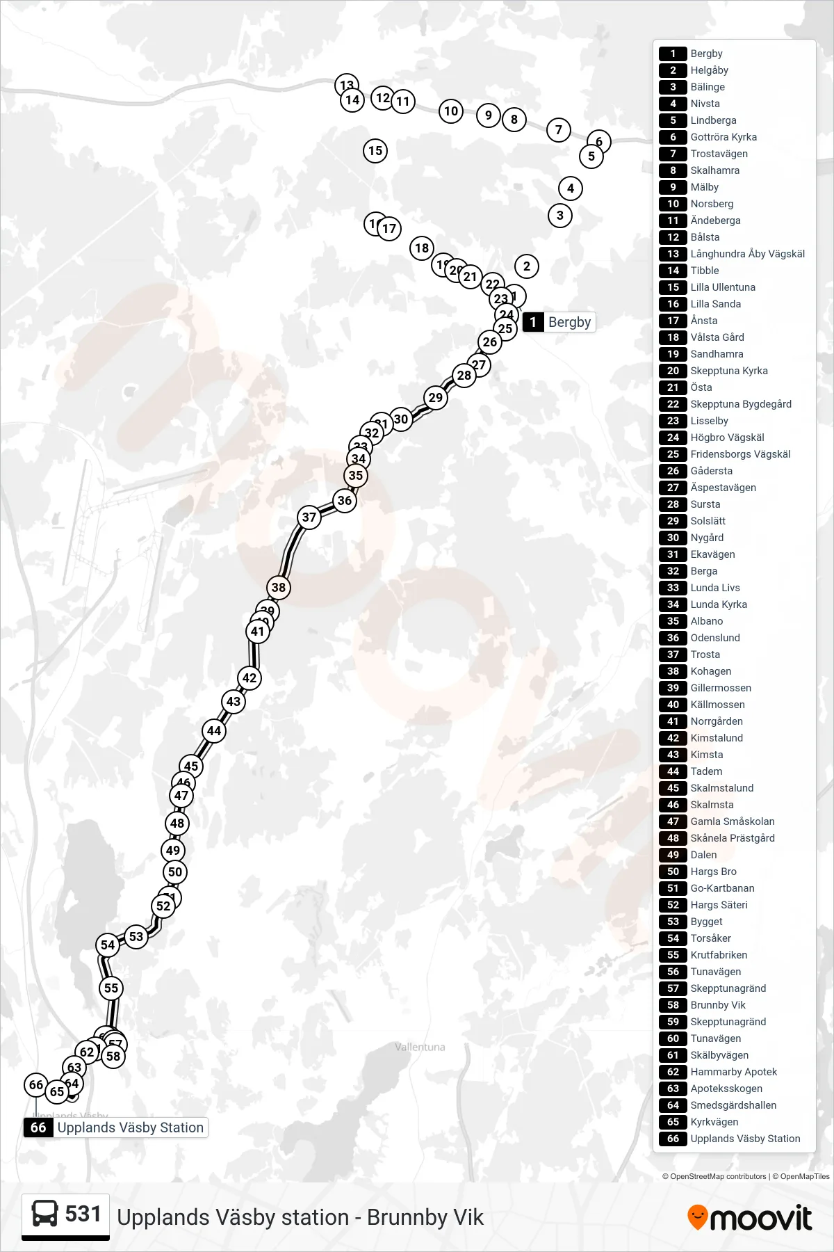 Rutt och hållplatser på karta för linje 531 buss, (Upplands Väsby Station)