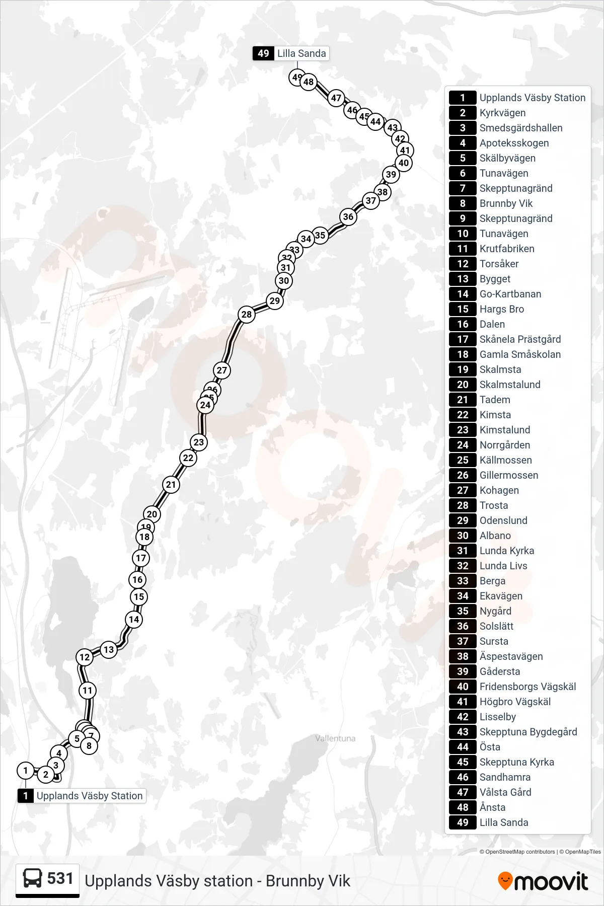 Rutt och hållplatser på karta för linje 531 buss, (Lilla Sanda)