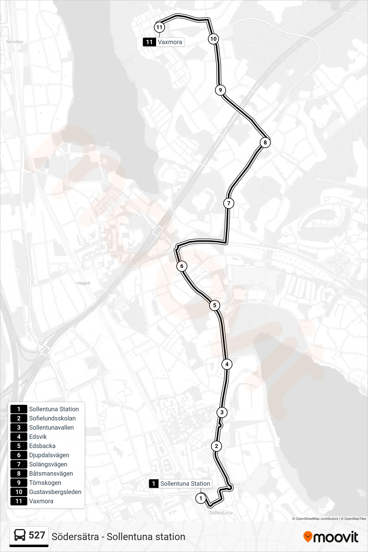 Rutt och hållplatser på karta för linje 527 buss, (Vaxmora)