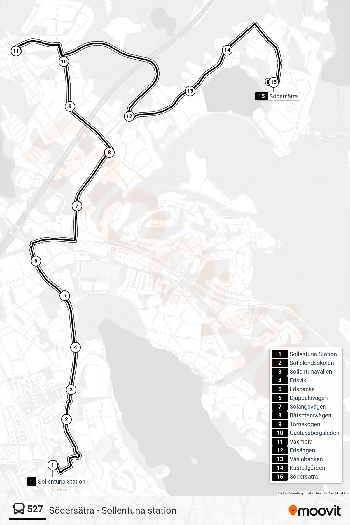 Rutt och hållplatser på karta för linje 527 buss, (Södersätra)