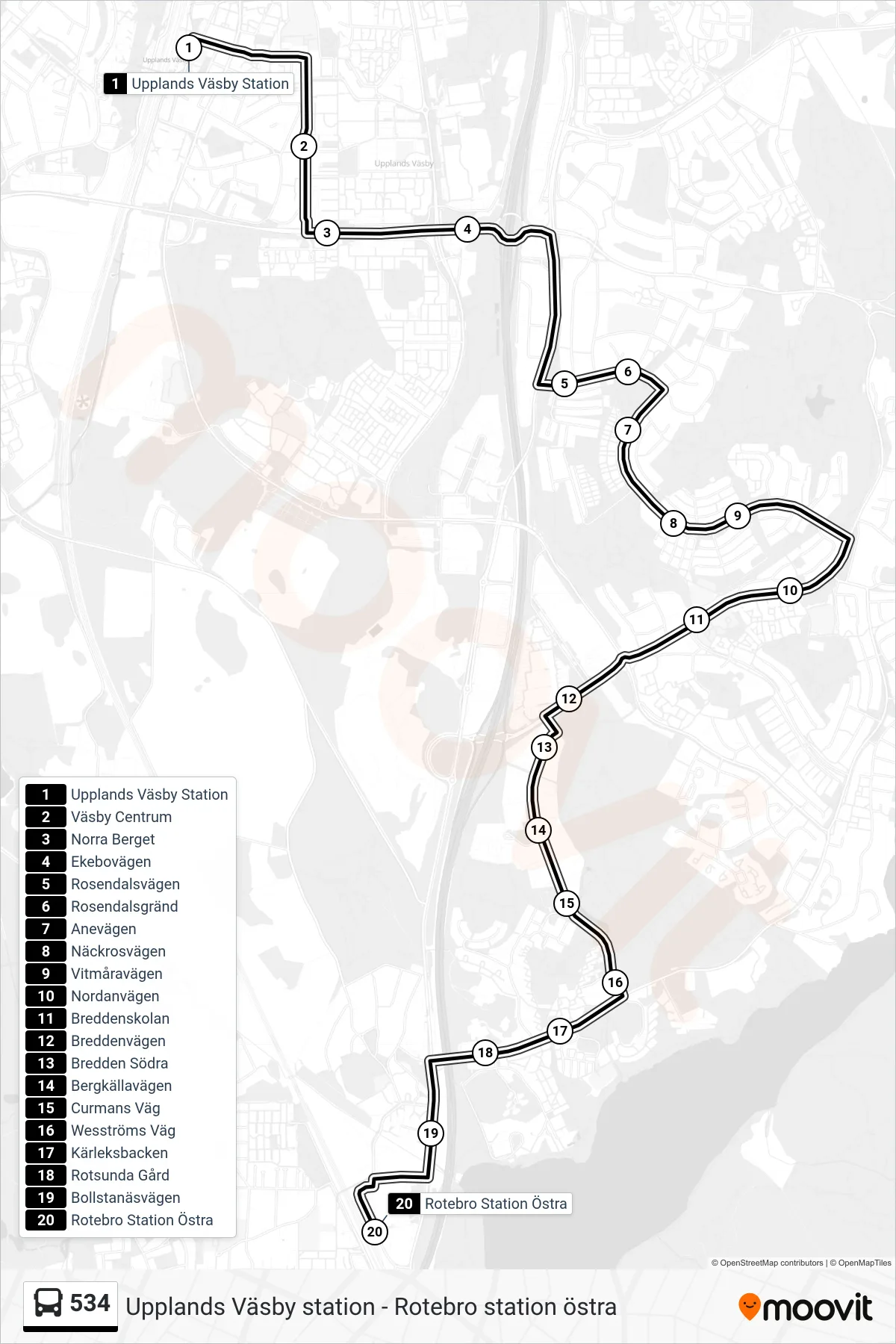 Rutt och hållplatser på karta för linje 534 buss, (Rotebro Station Östra)