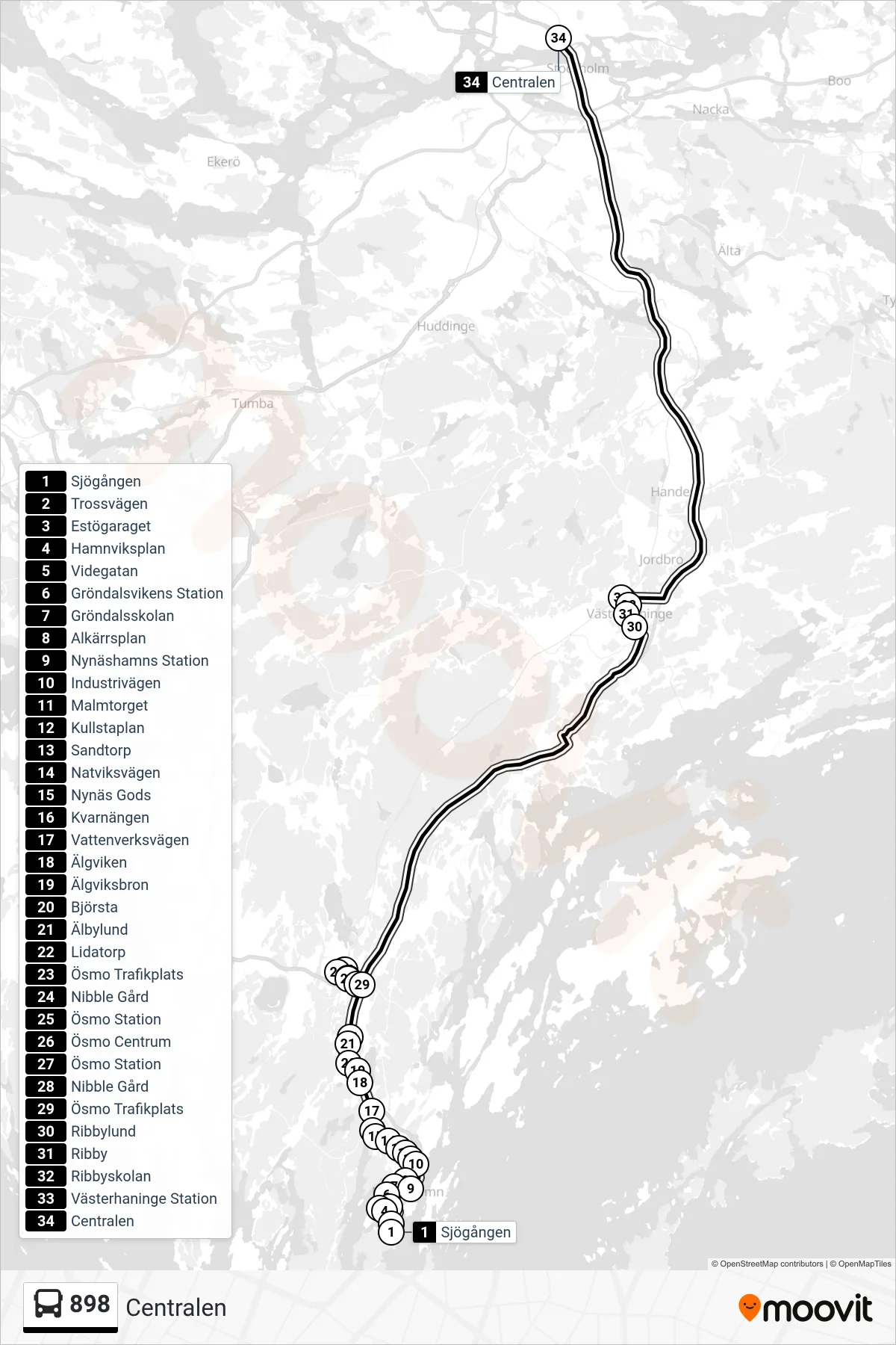Rutt och hållplatser på karta för linje 898 buss, (Centralen)