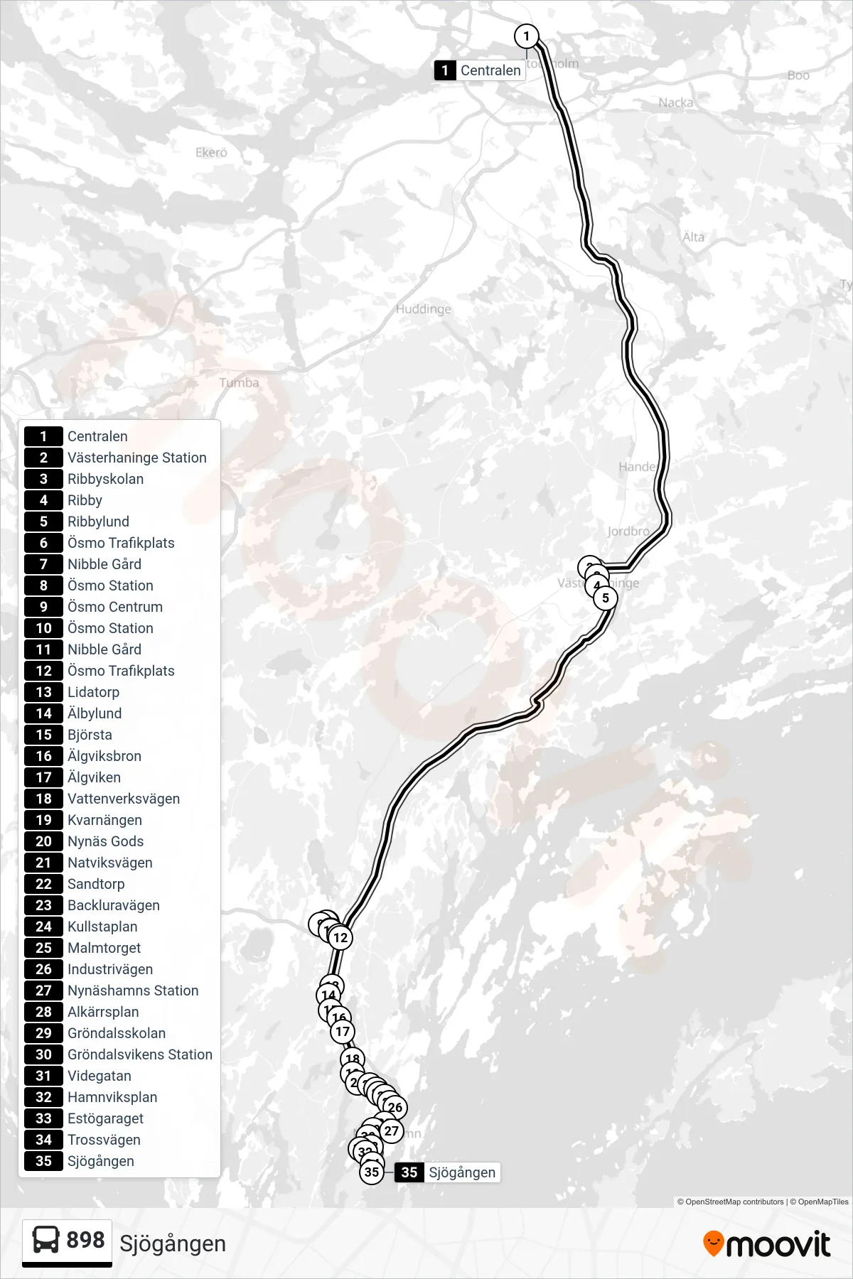 Rutt och hållplatser på karta för linje 898  buss, (Sjögången)