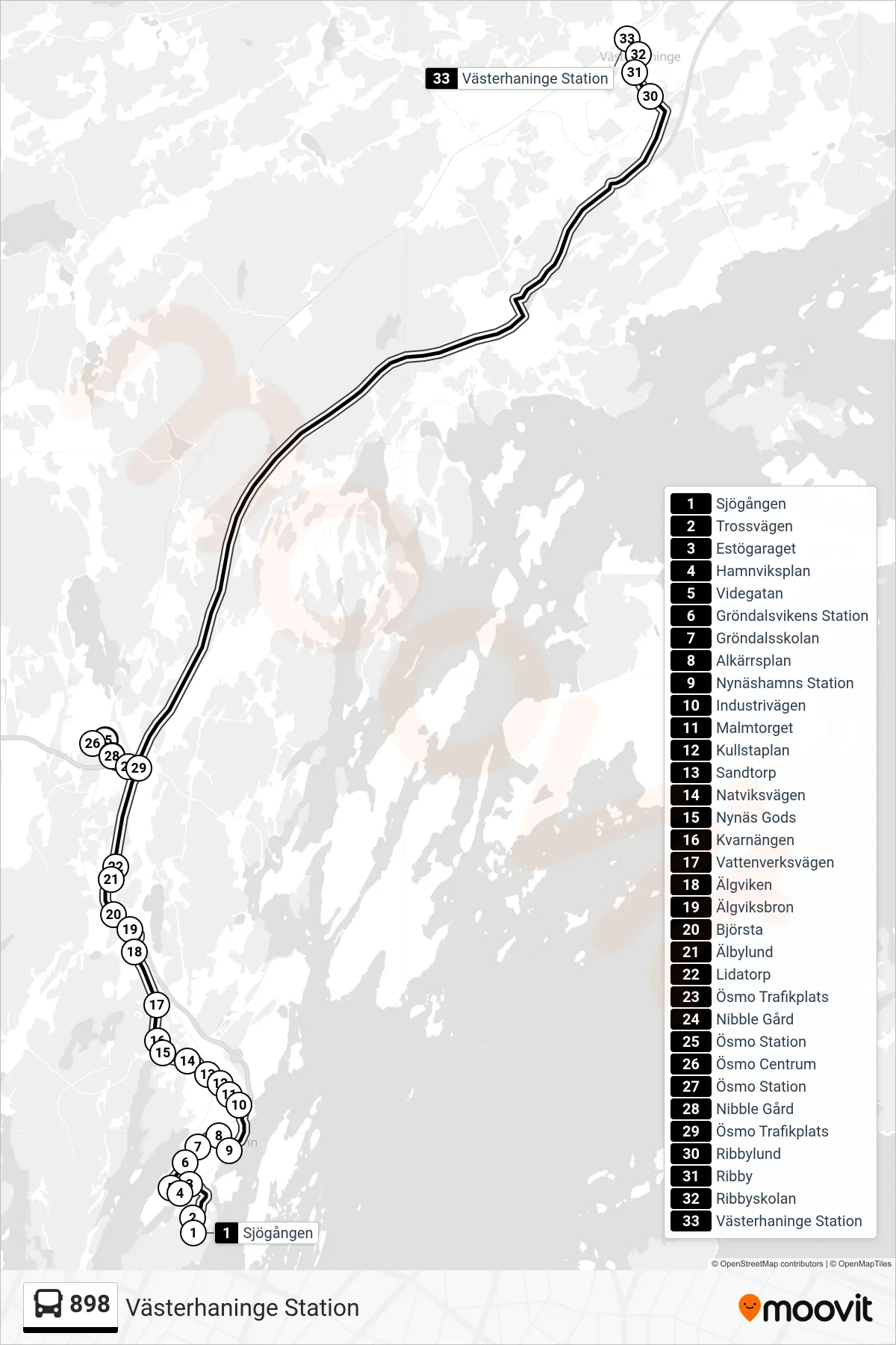 Rutt och hållplatser på karta för linje 898 buss, (Västerhaninge Station)