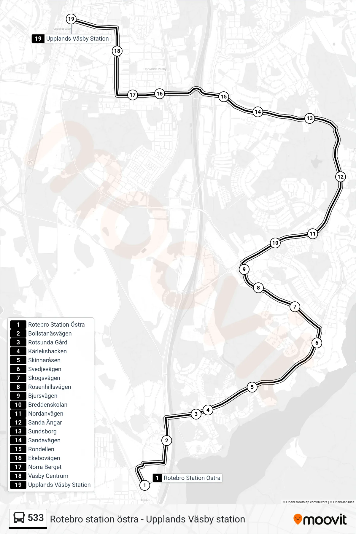 Rutt och hållplatser på karta för linje 533 buss, (Upplands Väsby Station)