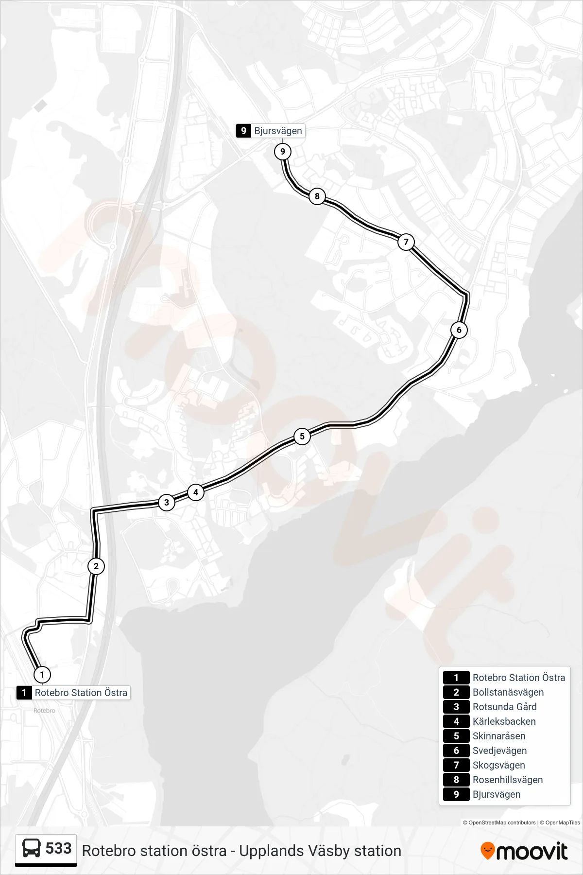 Rutt och hållplatser på karta för linje 533 buss, (Bjursvägen)