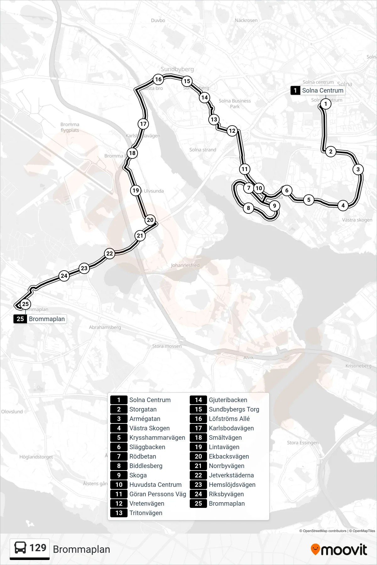 Rutt och hållplatser på karta för linje 129 buss, (Brommaplan)