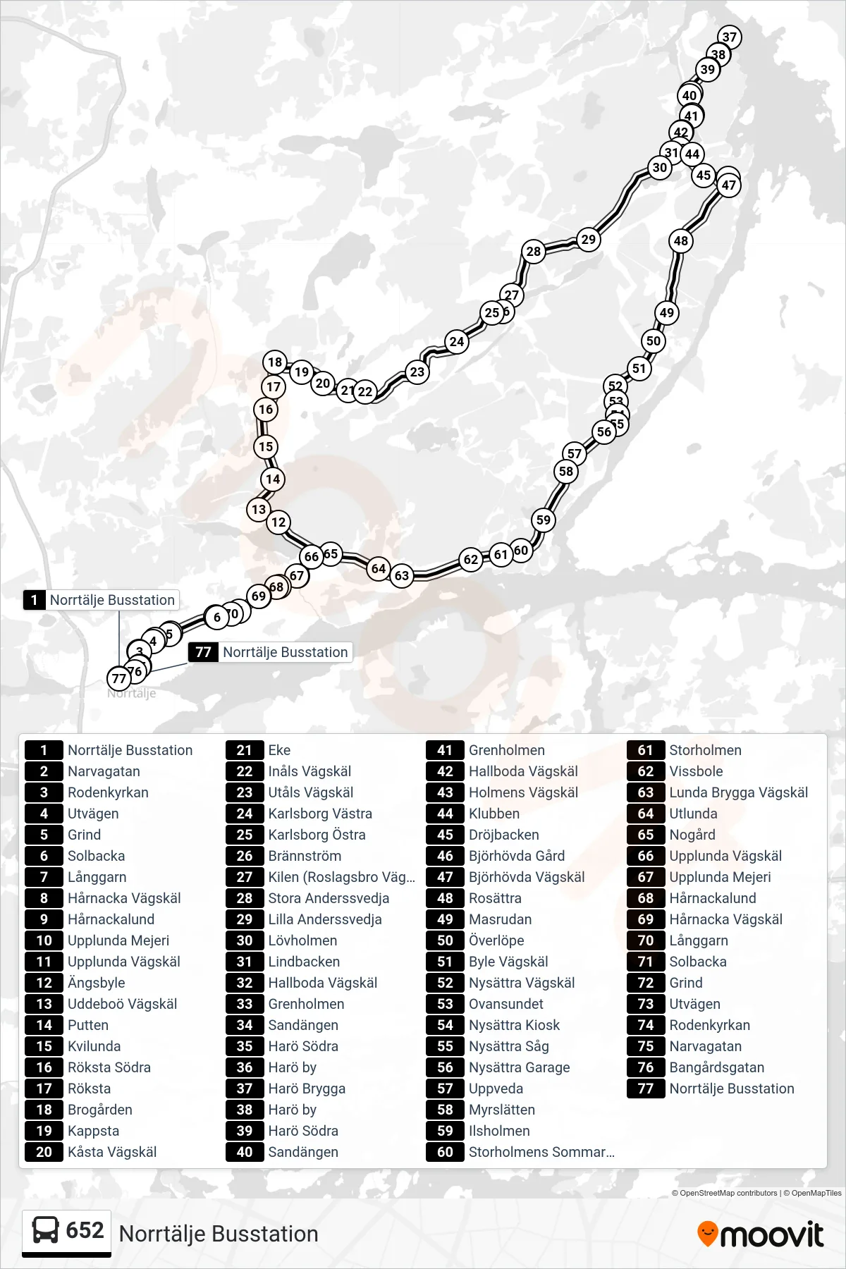 Rutt och hållplatser på karta för linje 652 buss, (Norrtälje Busstation)