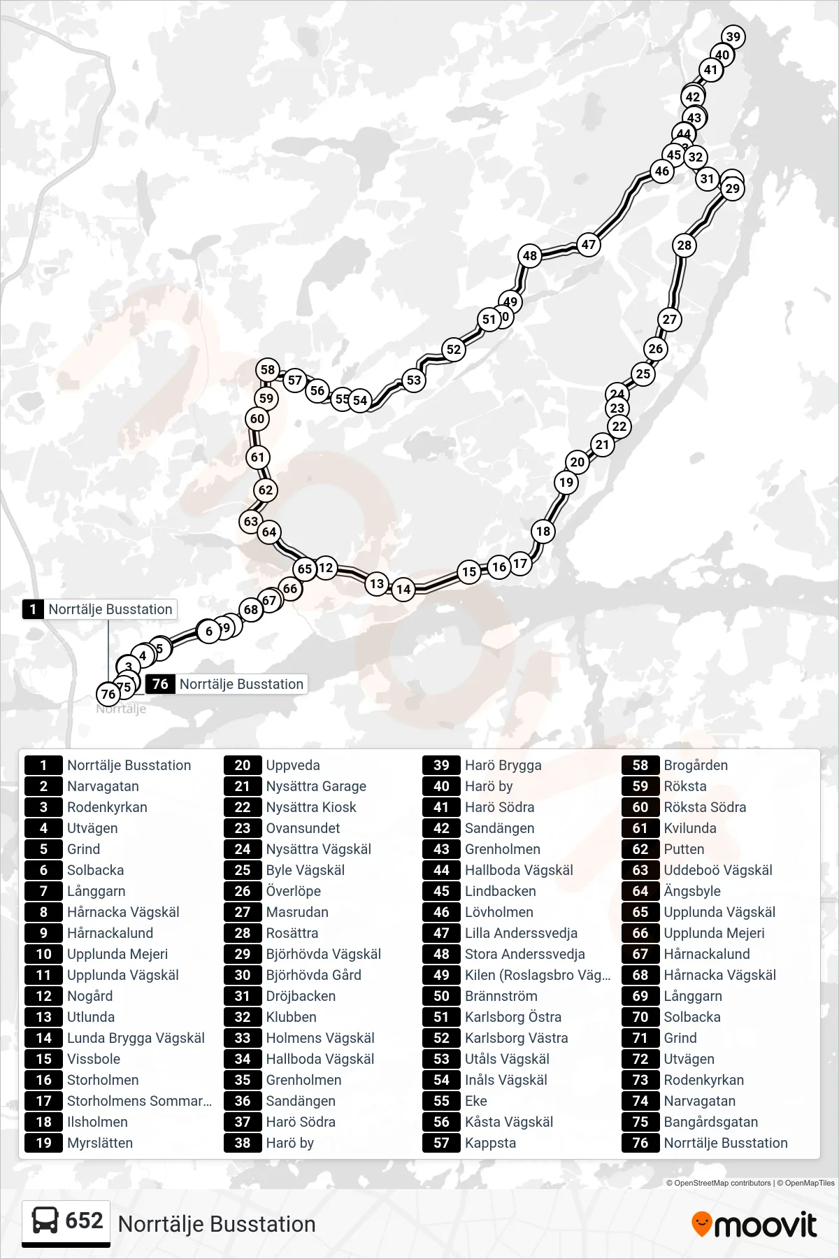 Rutt och hållplatser på karta för linje 652  buss, (Norrtälje Busstation)