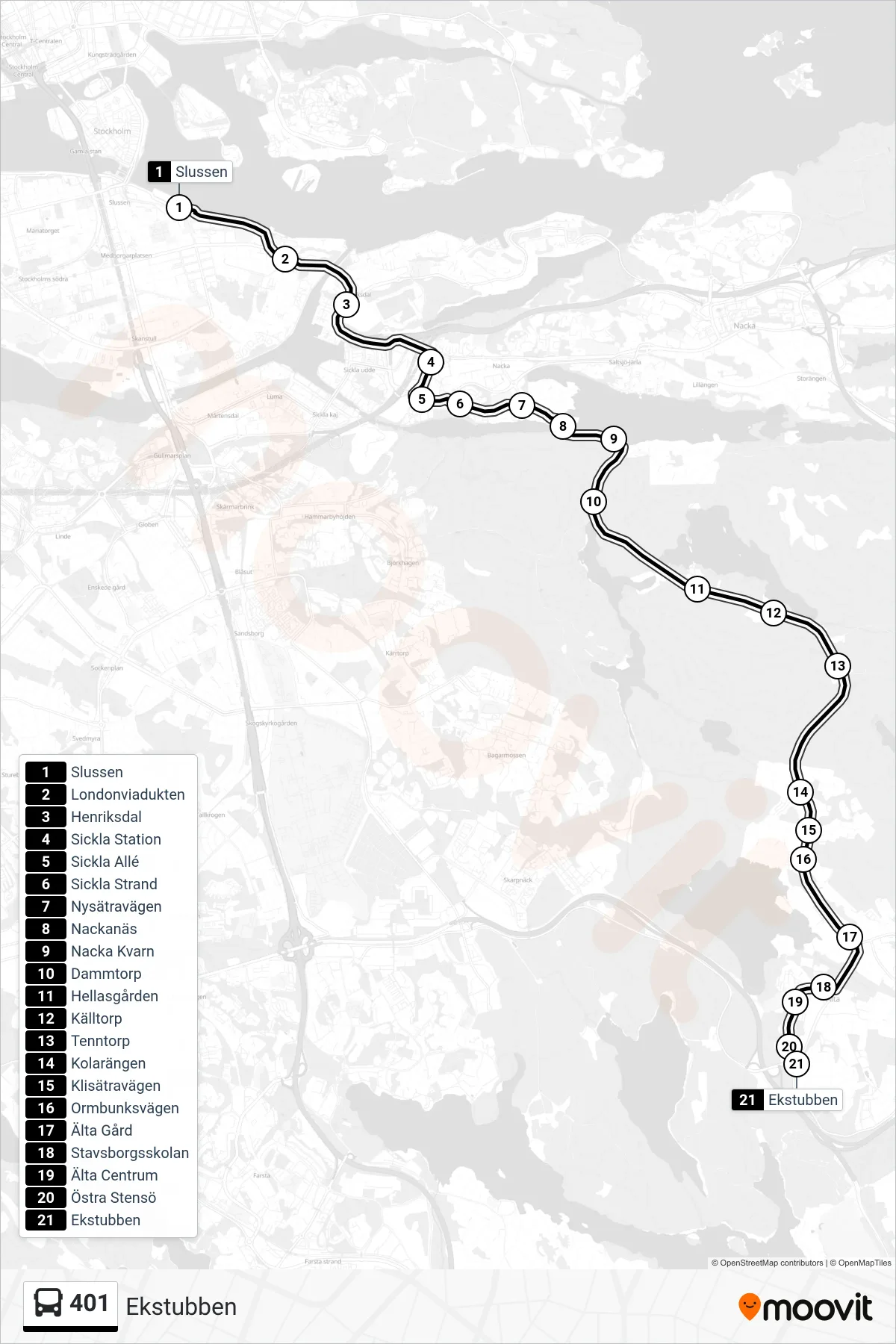 Rutt och hållplatser på karta för linje 401 buss, (Ekstubben)