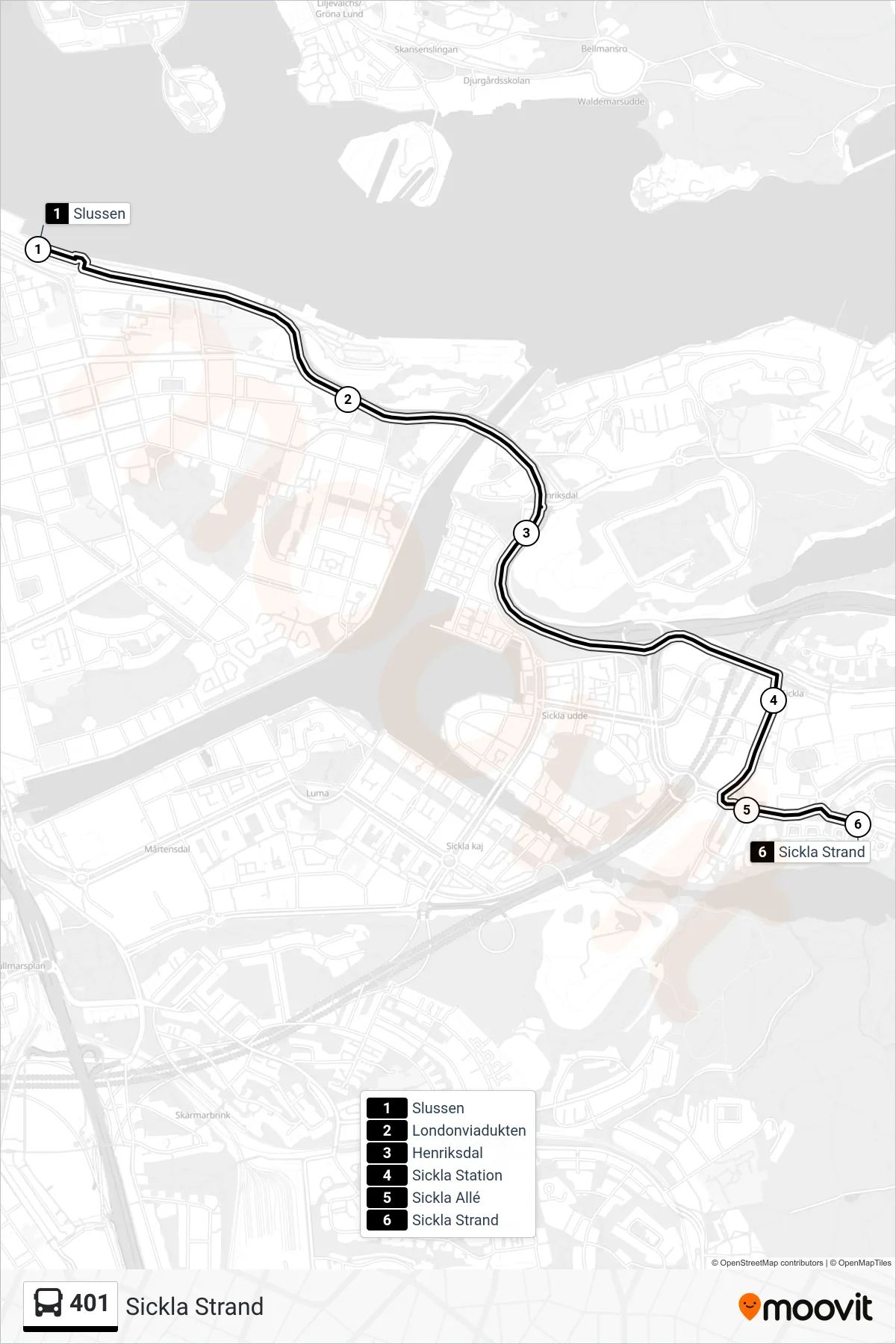 Rutt och hållplatser på karta för linje 401  buss, (Sickla Strand)