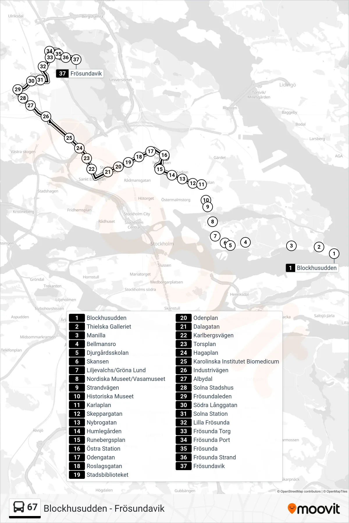Rutt och hållplatser på karta för linje 67  buss, (Frösundavik)
