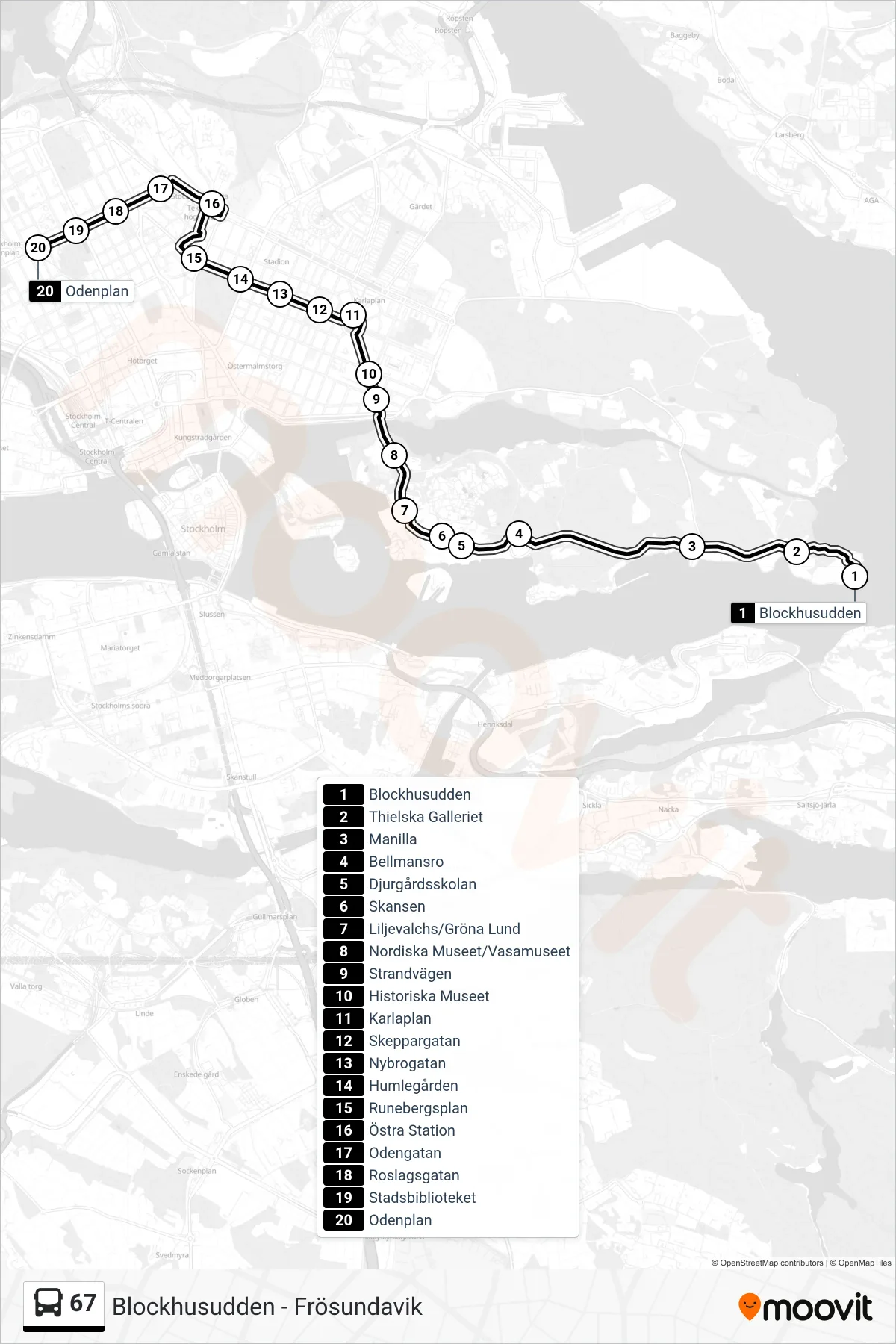 Rutt och hållplatser på karta för linje 67  buss, (Odenplan)