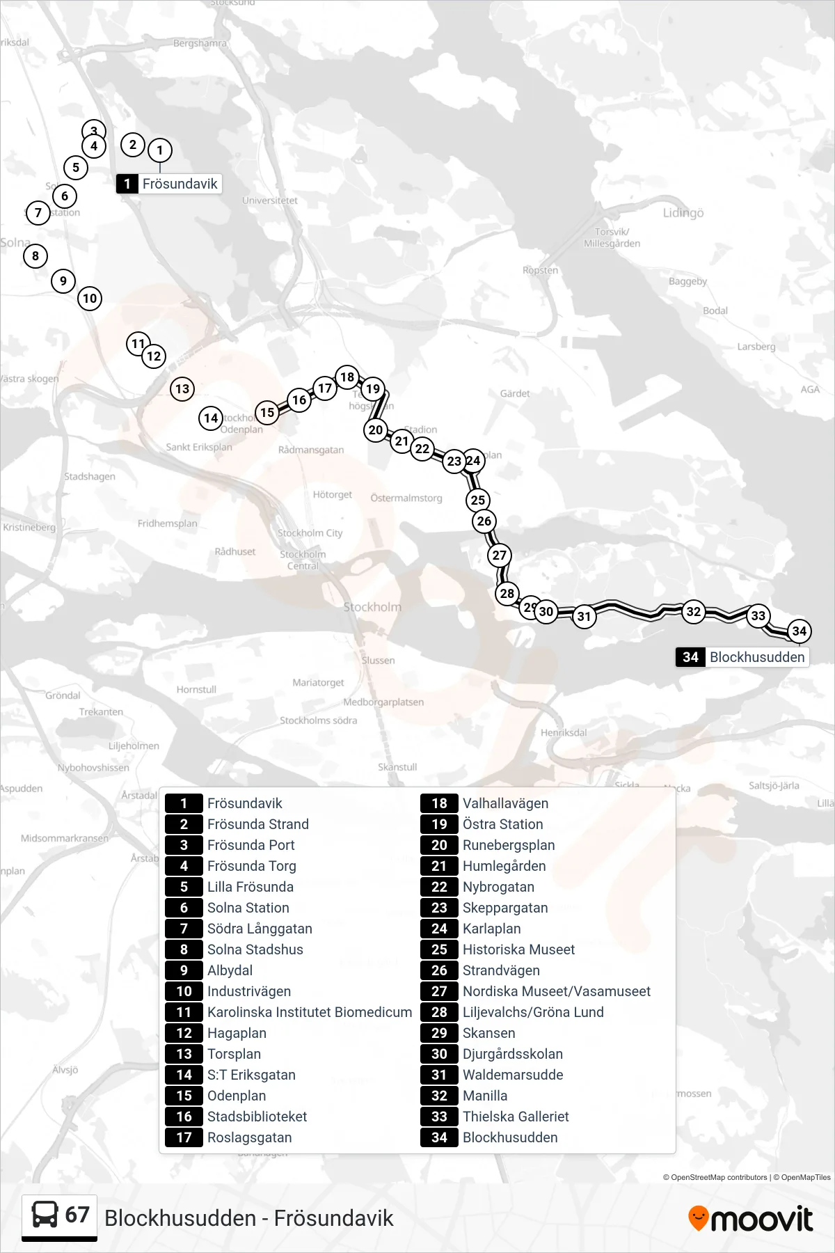 Rutt och hållplatser på karta för linje 67  buss, (Blockhusudden)