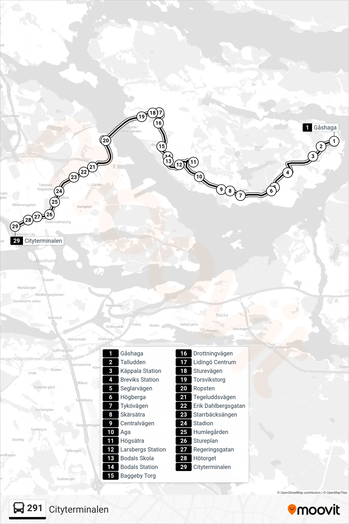 Rutt och hållplatser på karta för linje 291  buss, (Cityterminalen)