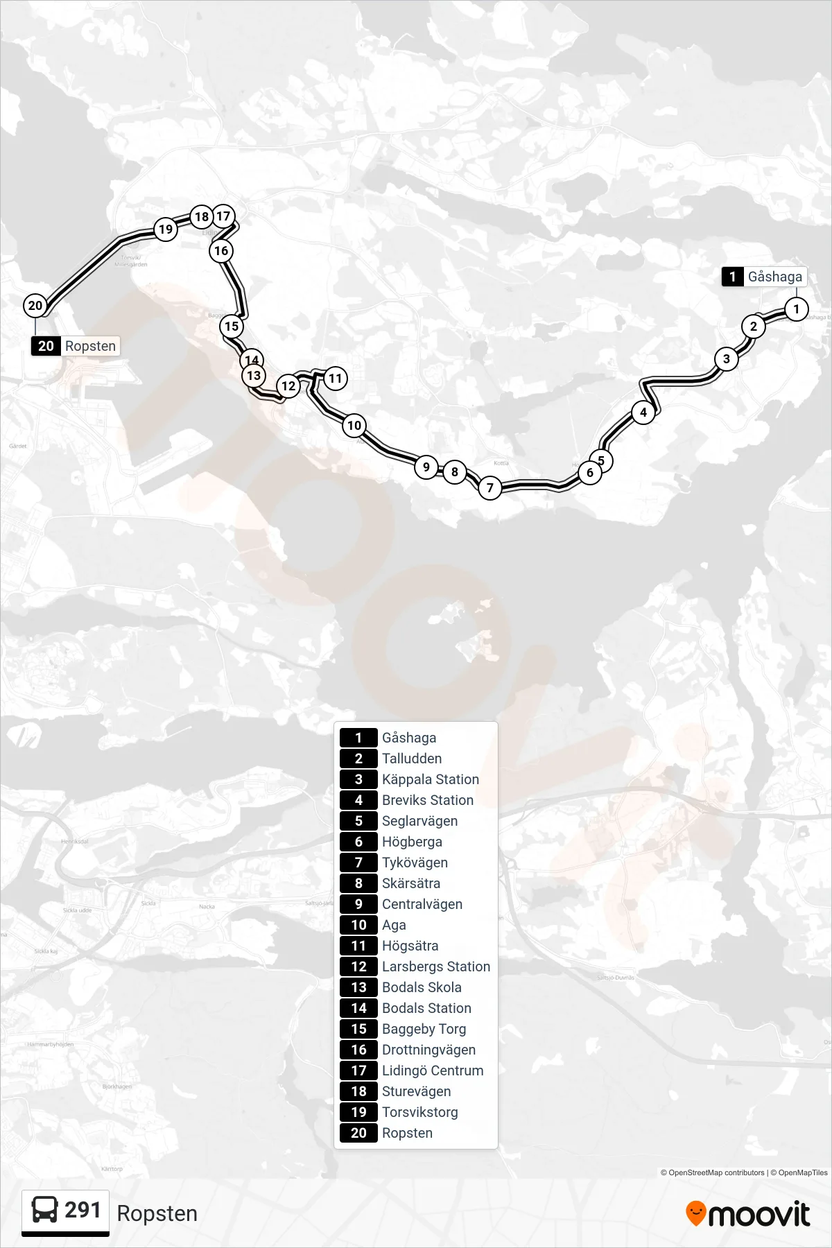 Rutt och hållplatser på karta för linje 291  buss, (Ropsten)