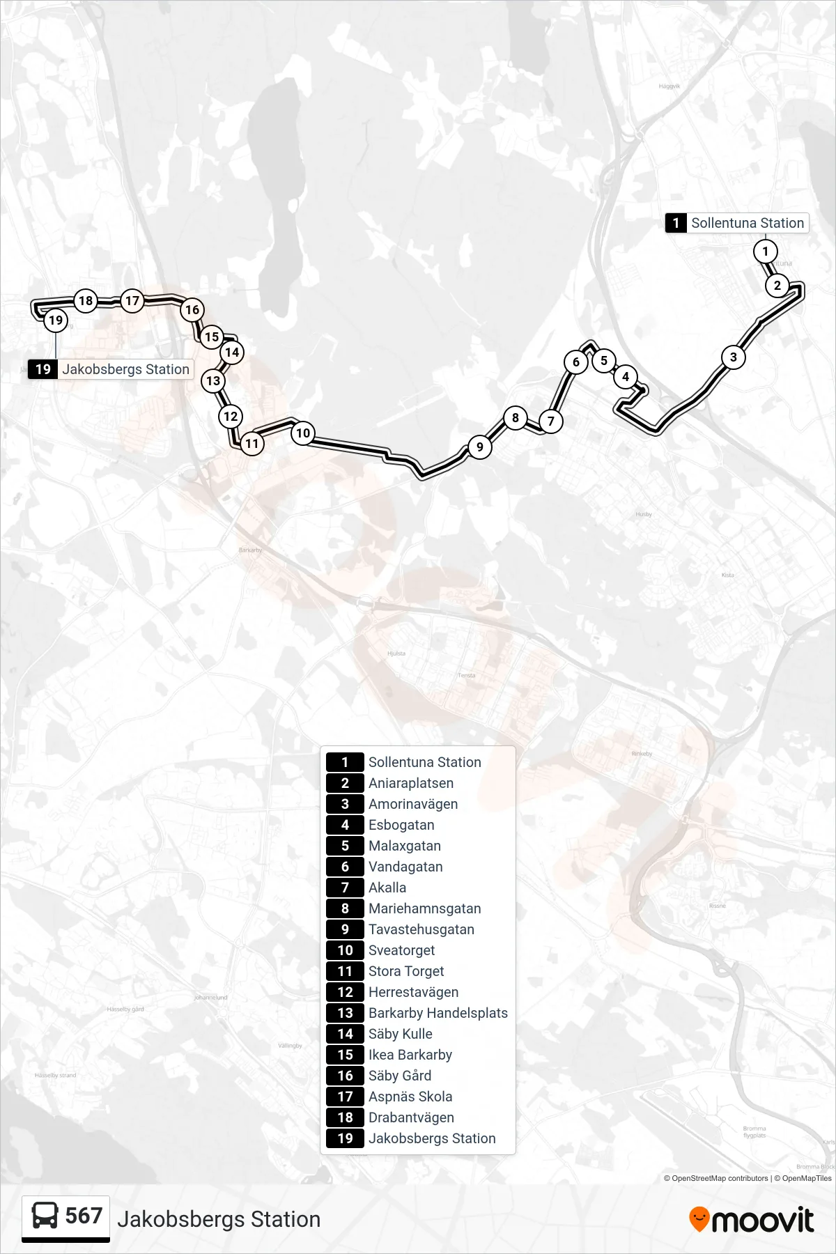 Rutt och hållplatser på karta för linje 567 buss, (Jakobsbergs Station)