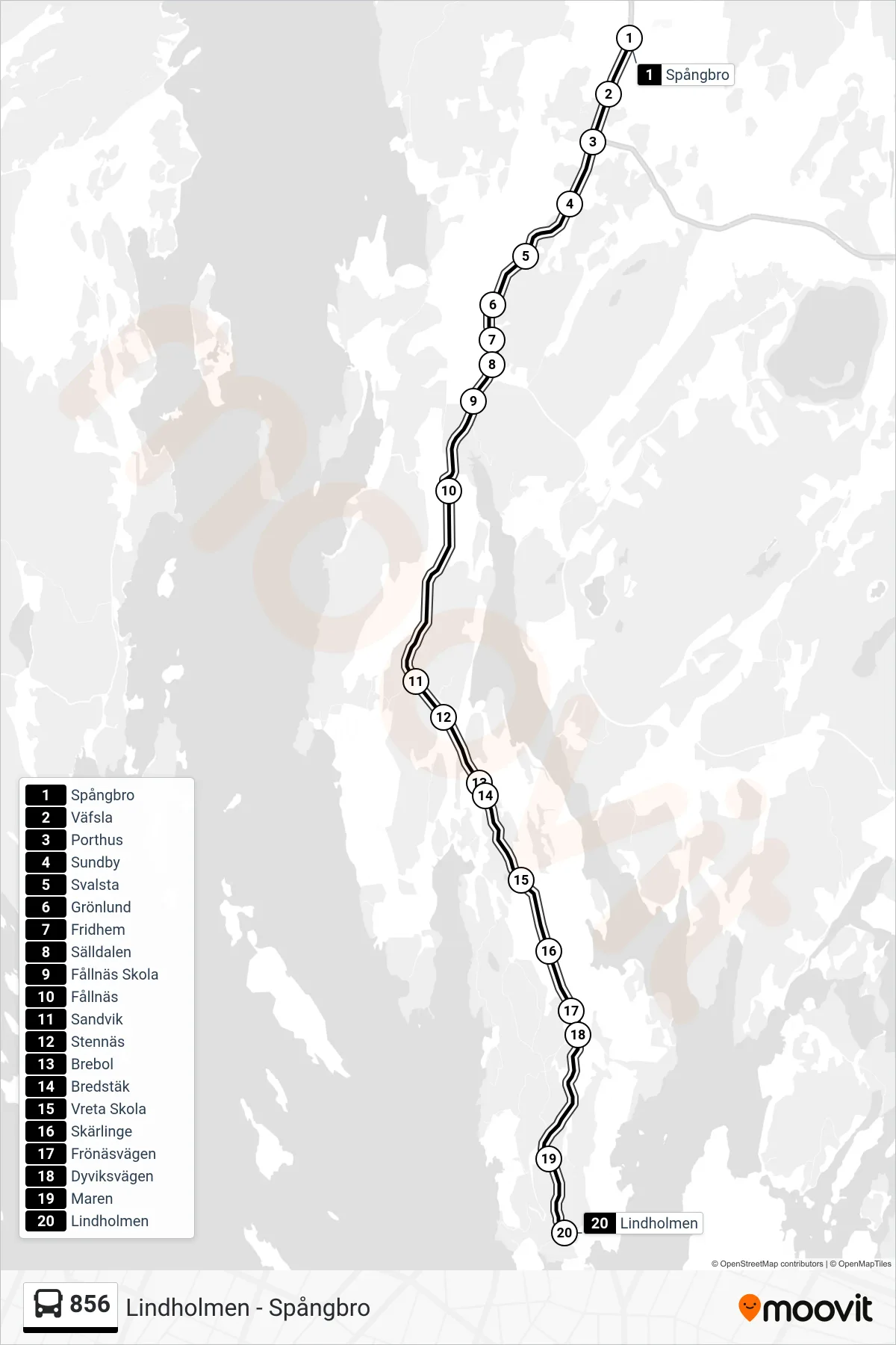 Rutt och hållplatser på karta för linje 856 buss, (Lindholmen)