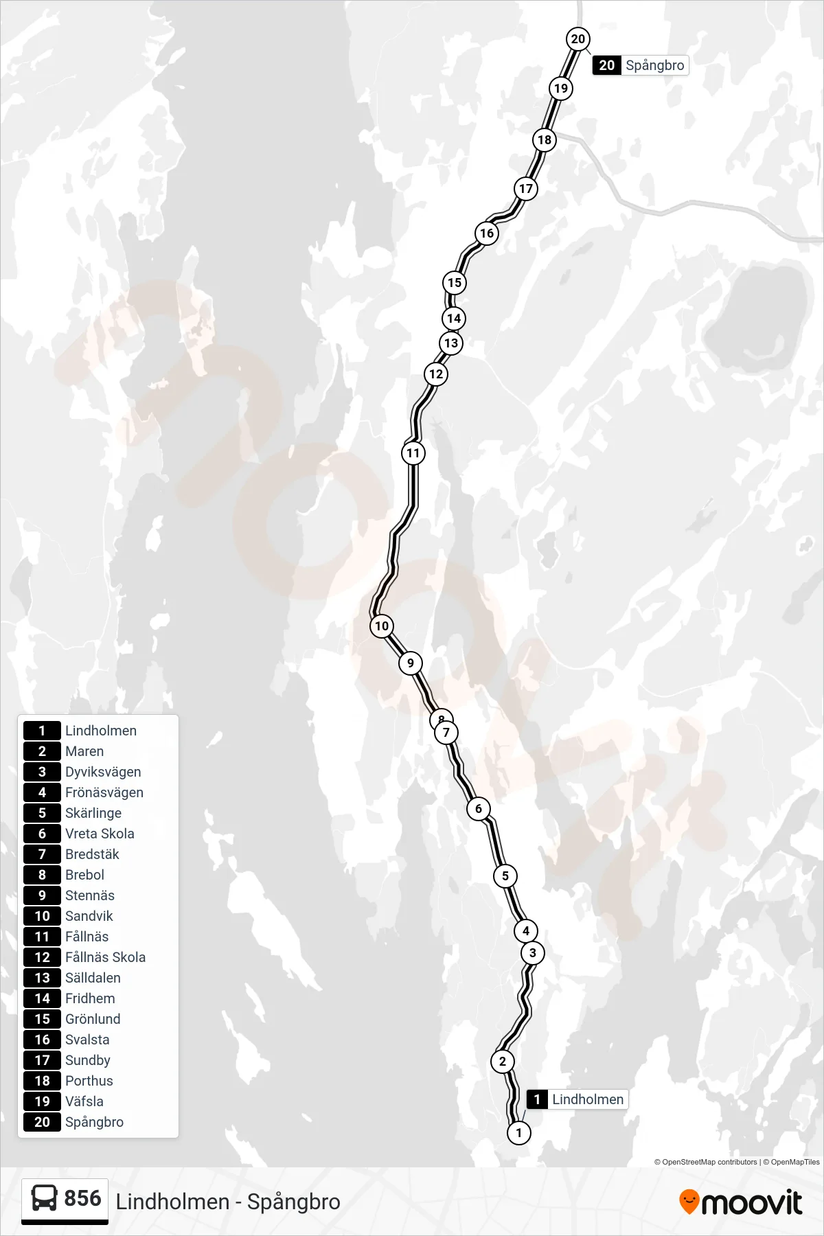 Rutt och hållplatser på karta för linje 856 buss, (Spångbro)