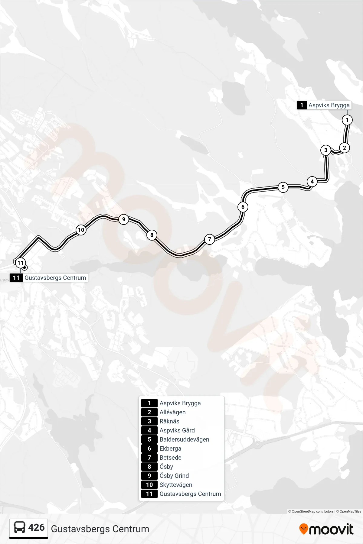 Rutt och hållplatser på karta för linje 426 buss, (Gustavsbergs Centrum)