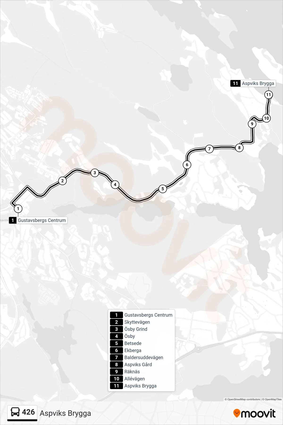 Rutt och hållplatser på karta för linje 426 buss, (Aspviks Brygga)