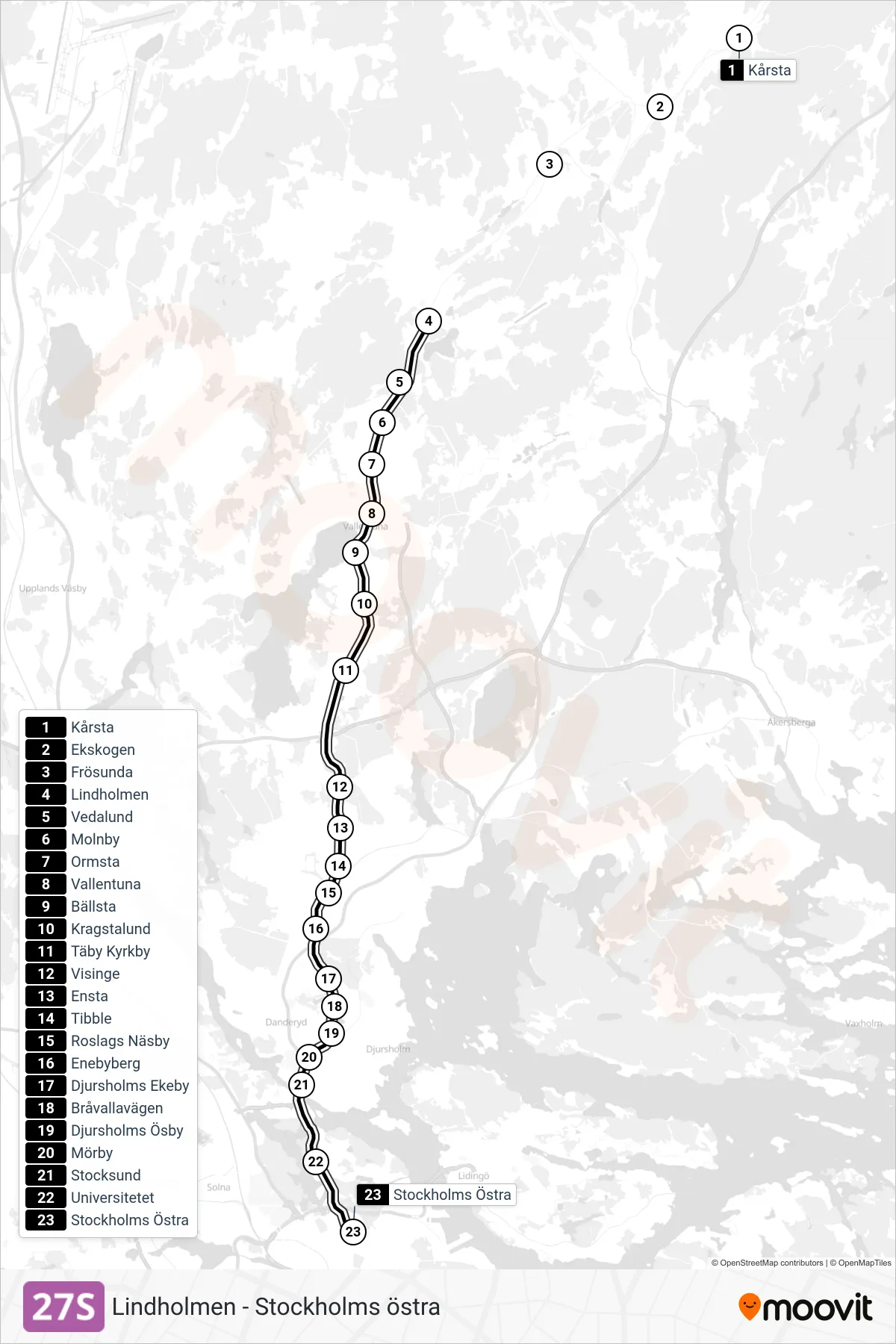 Rutt och hållplatser på karta för linje 27S spårväg, (Norrgående)