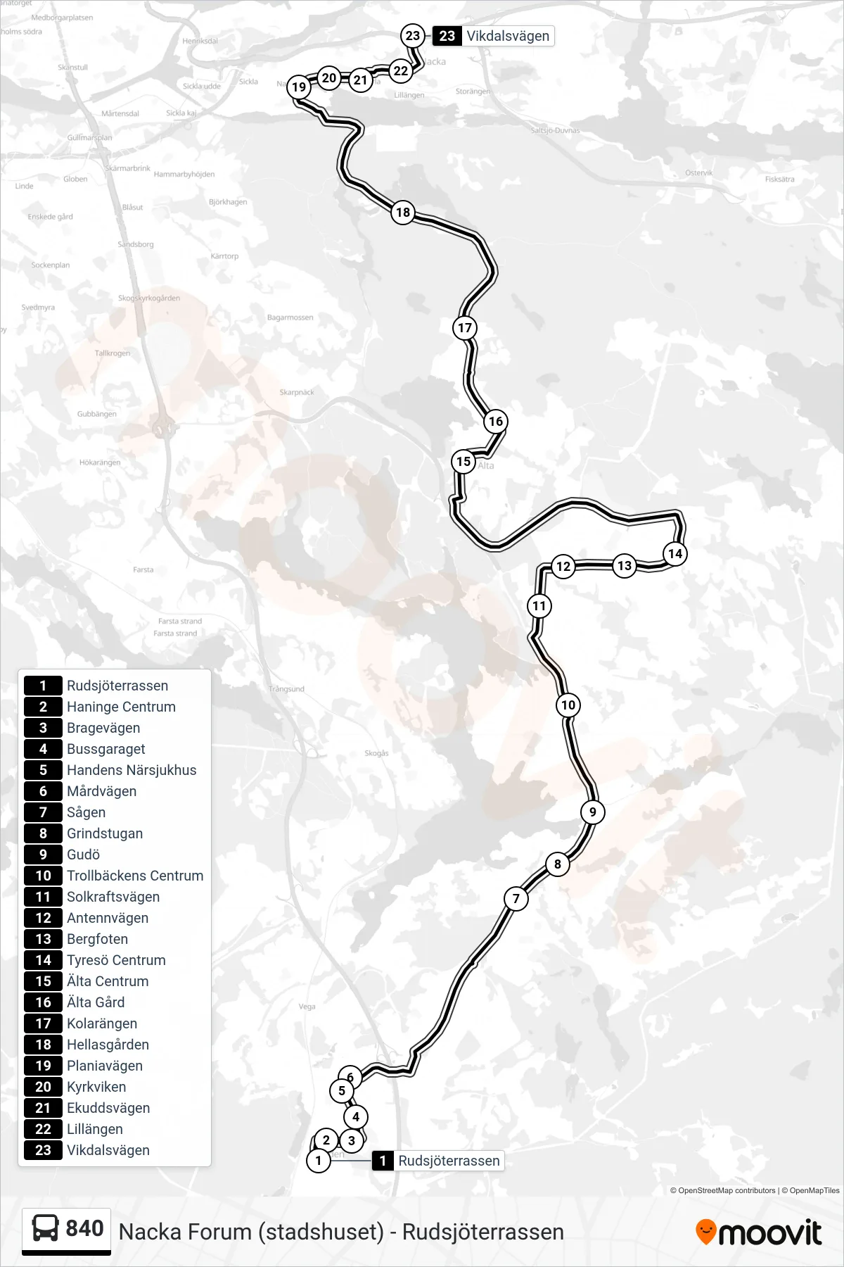 Rutt och hållplatser på karta för linje 840  buss, (Vikdalsvägen)