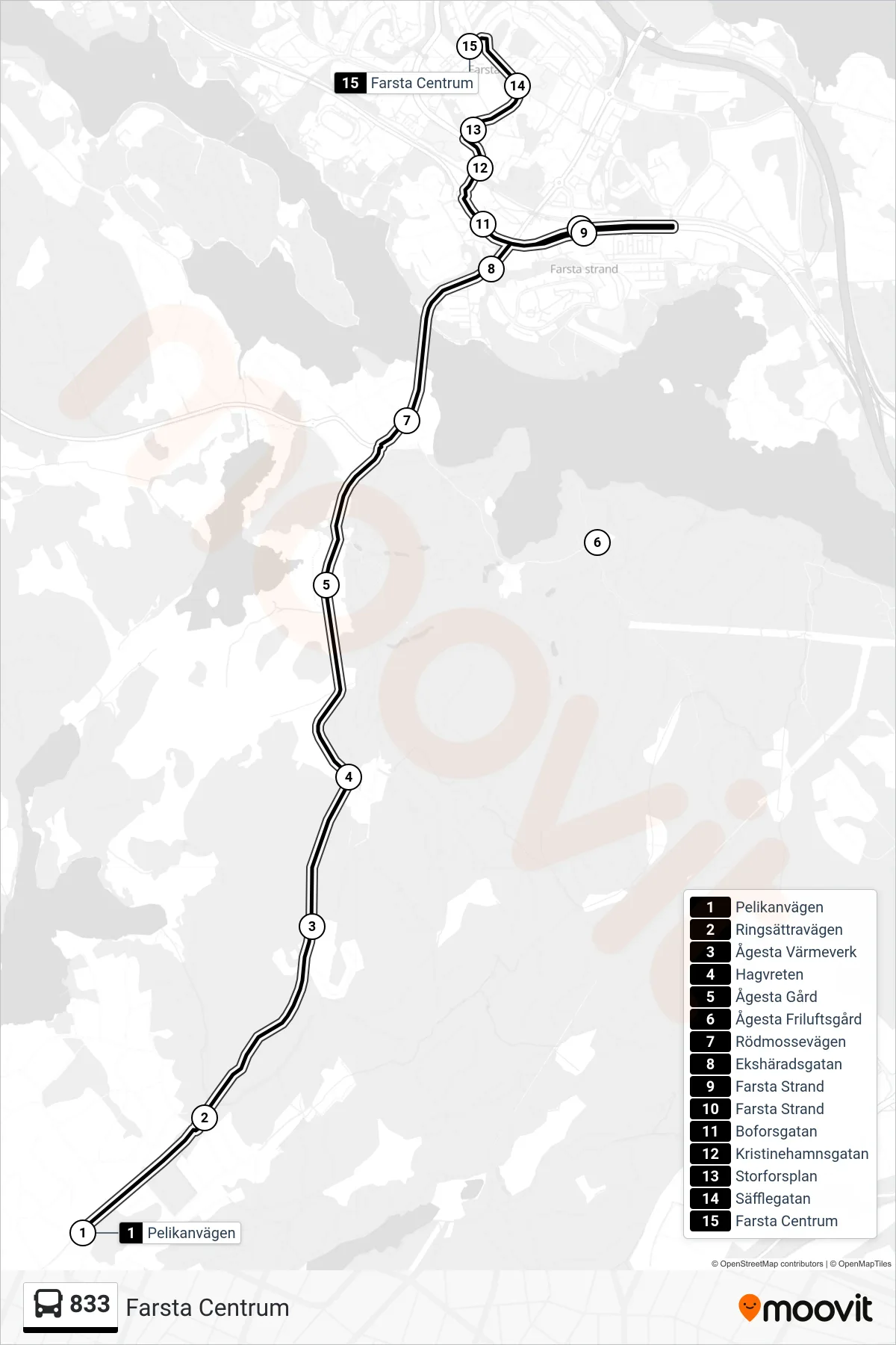 Rutt och hållplatser på karta för linje 833  buss, (Farsta Centrum)