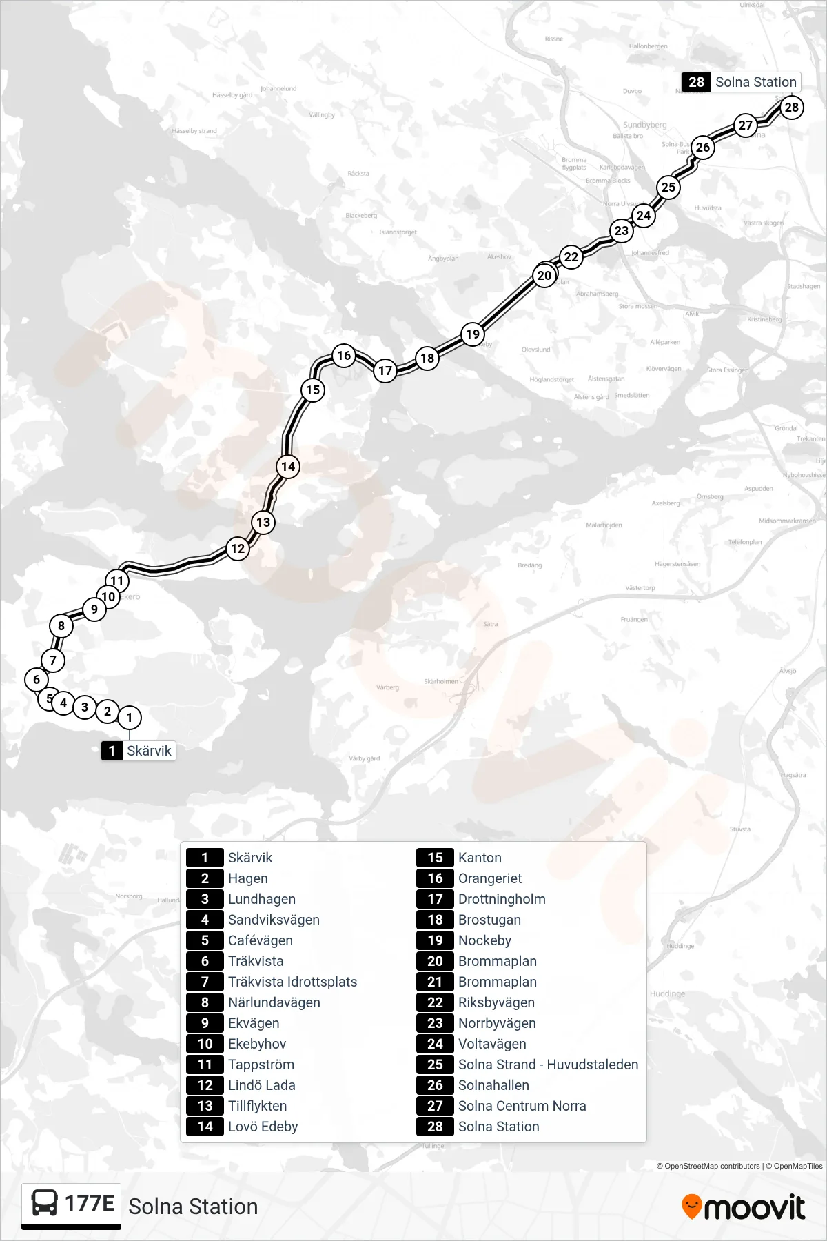 Rutt och hållplatser på karta för linje 177E buss, (Solna Station)