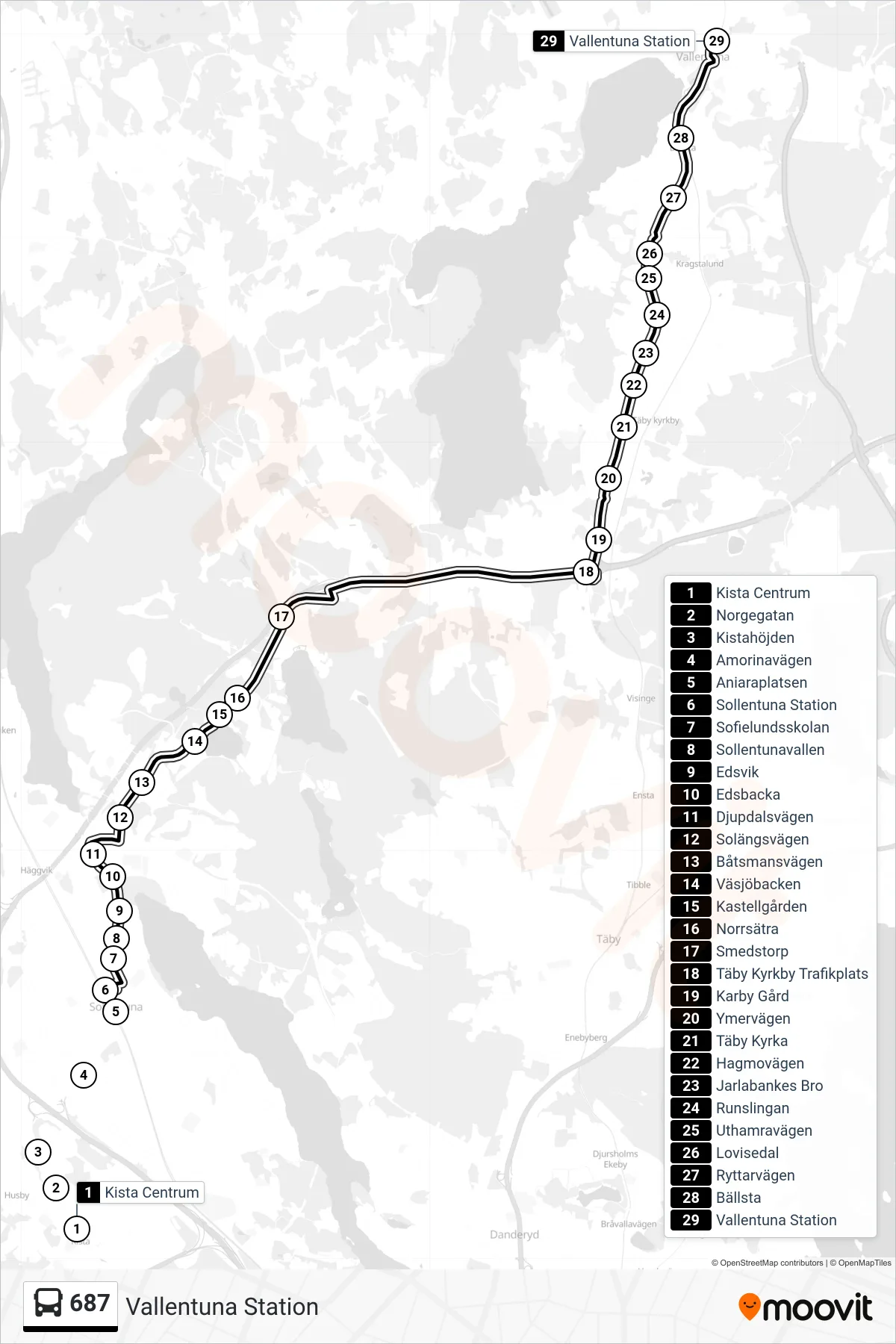 Rutt och hållplatser på karta för linje 687  buss, (Vallentuna Station)