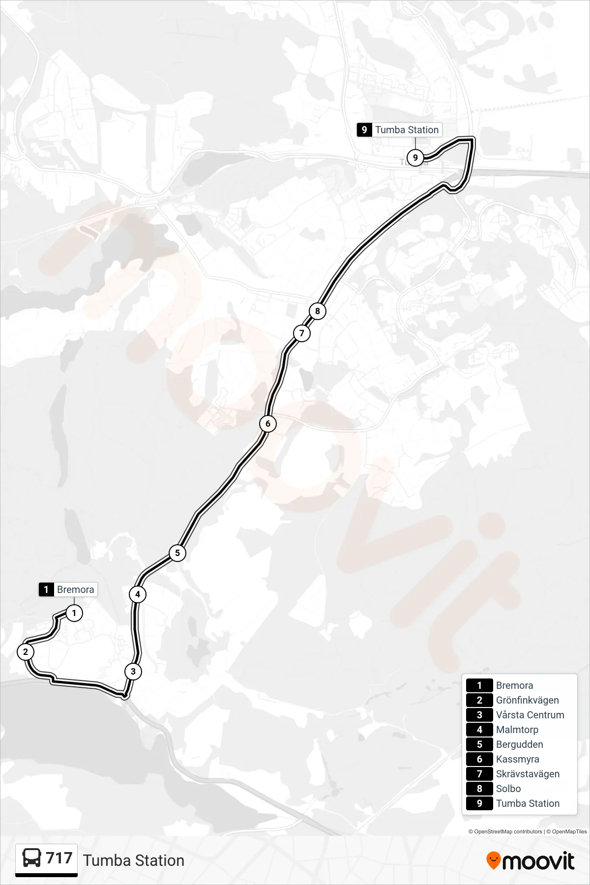 Rutt och hållplatser på karta för linje 717  buss, (Tumba Station)