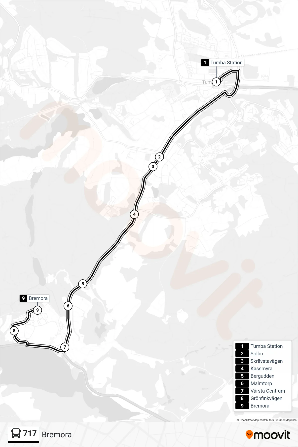 Rutt och hållplatser på karta för linje 717 buss, (Bremora)