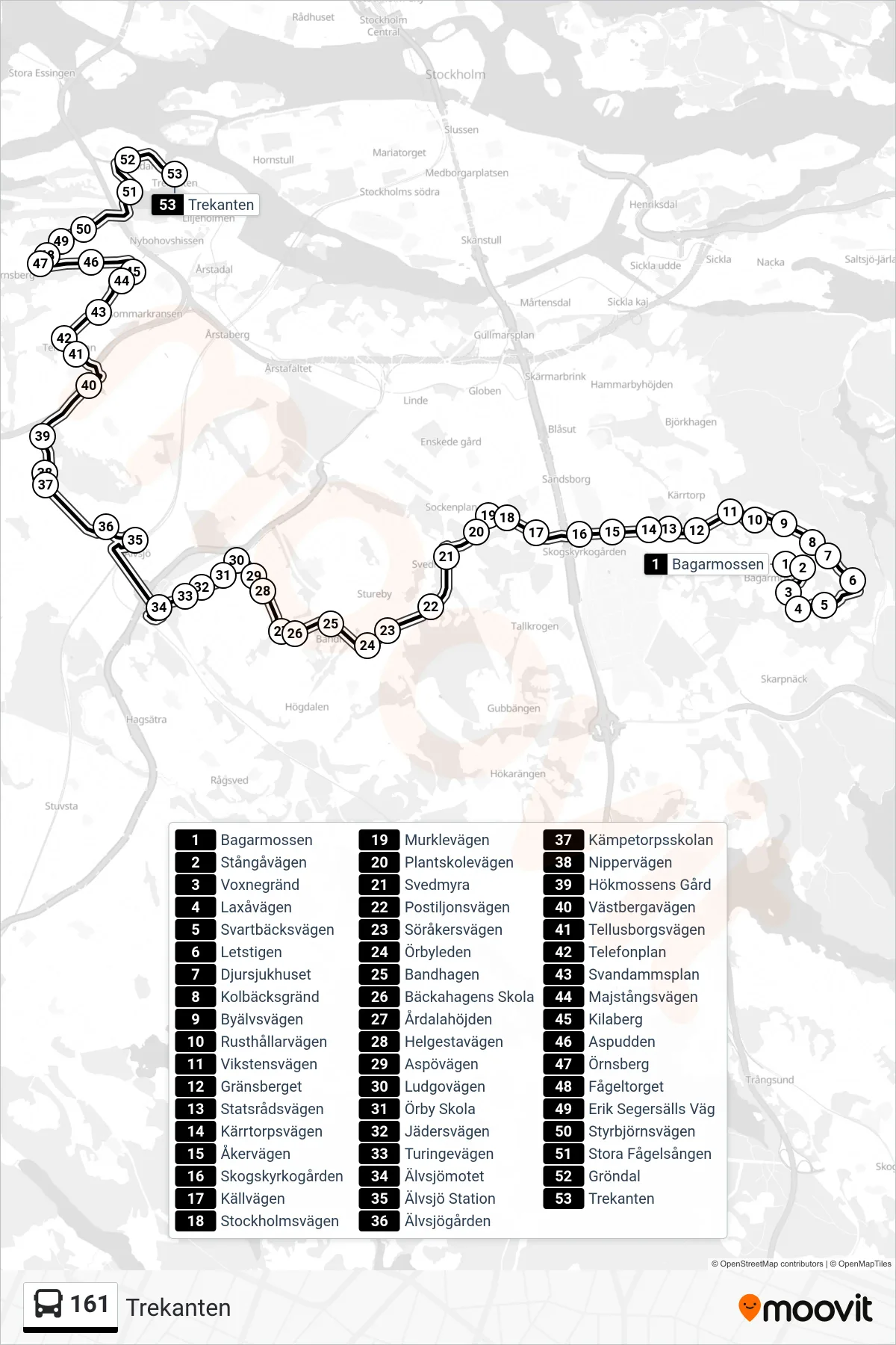 Rutt och hållplatser på karta för linje 161 buss, (Trekanten)