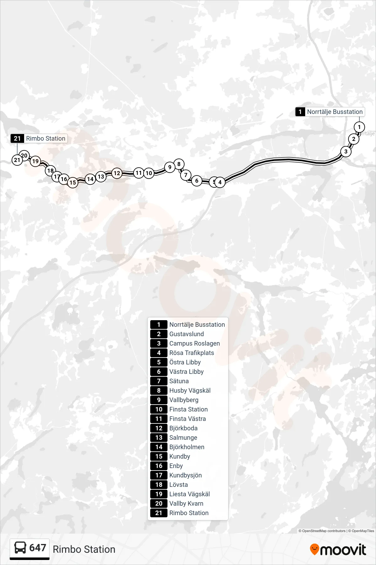 Rutt och hållplatser på karta för linje 647 buss, (Rimbo Station)
