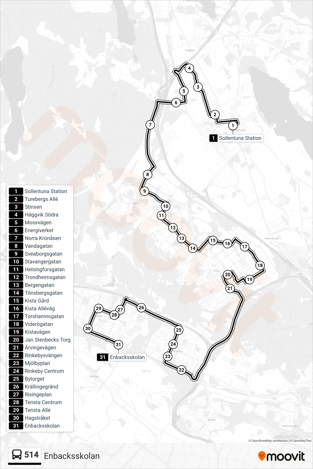 Rutt och hållplatser på karta för linje 514 buss, (Enbacksskolan)