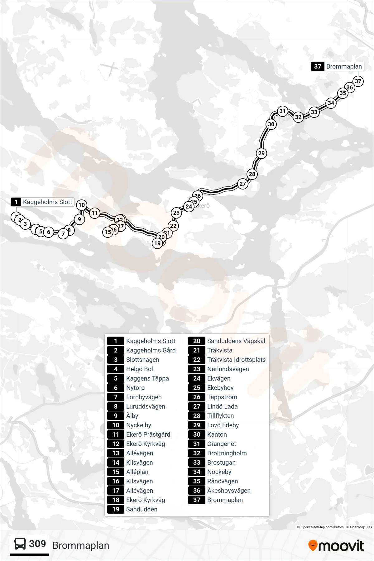 Rutt och hållplatser på karta för linje 309  buss, (Brommaplan)