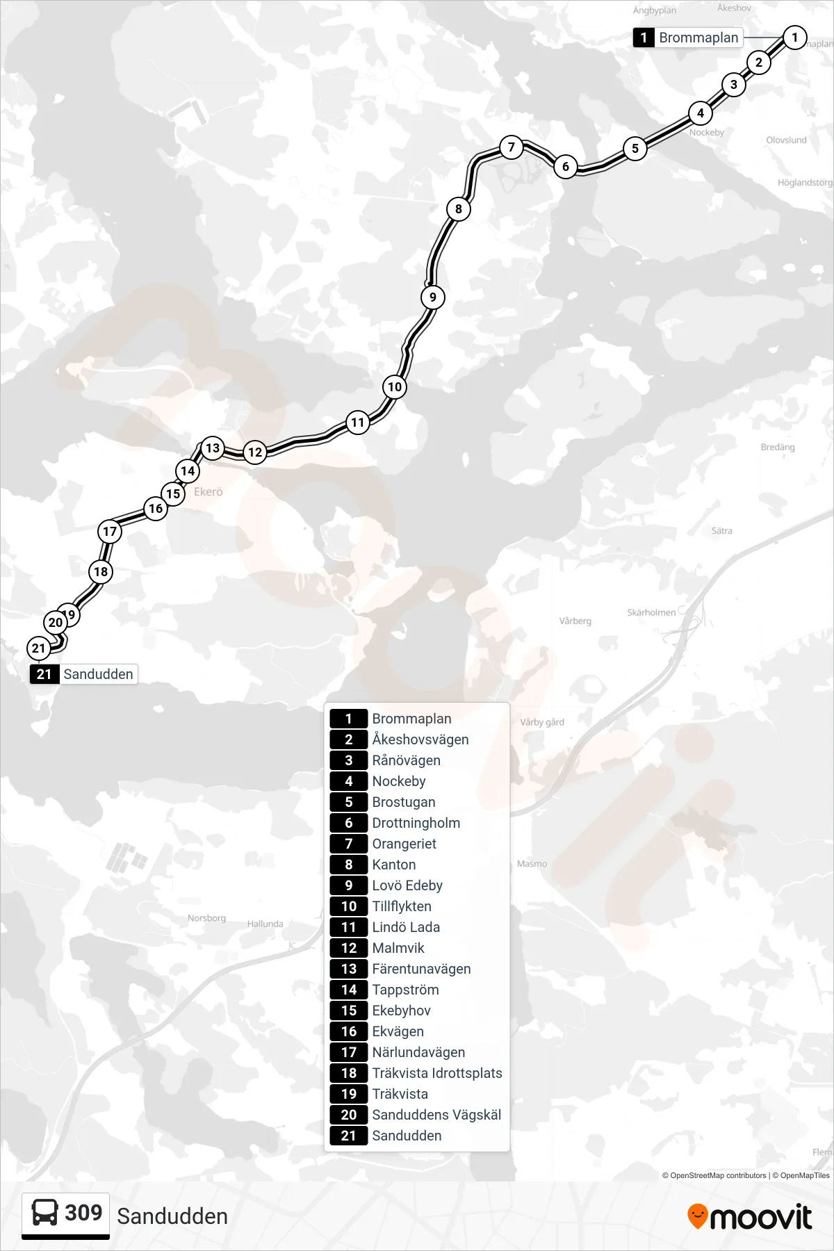 Rutt och hållplatser på karta för linje 309  buss, (Sandudden)