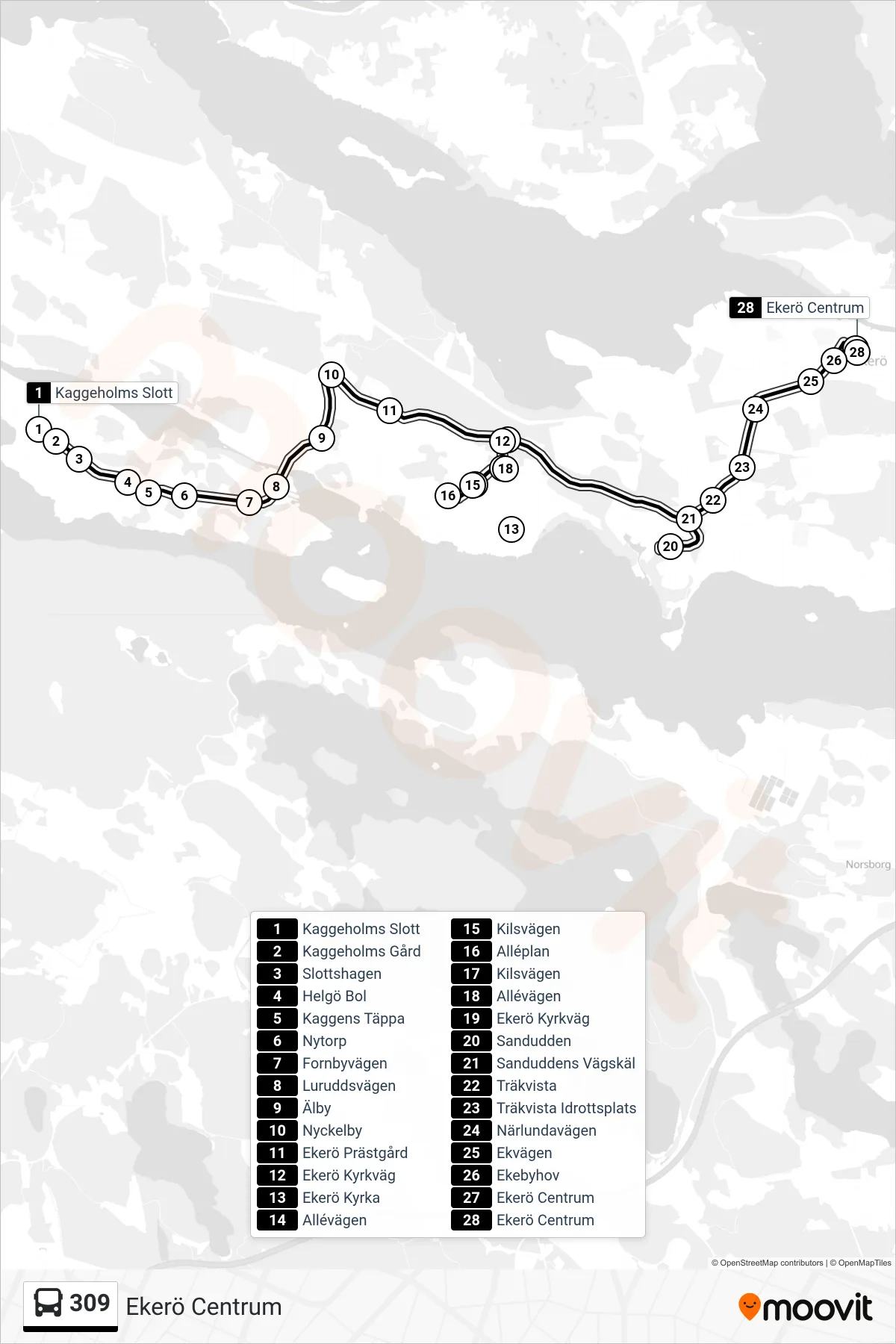 Rutt och hållplatser på karta för linje 309 buss, (Ekerö Centrum)