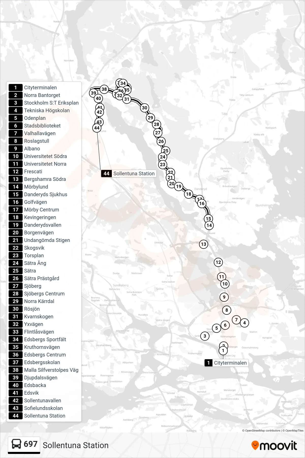Rutt och hållplatser på karta för linje 697  buss, (Sollentuna Station)