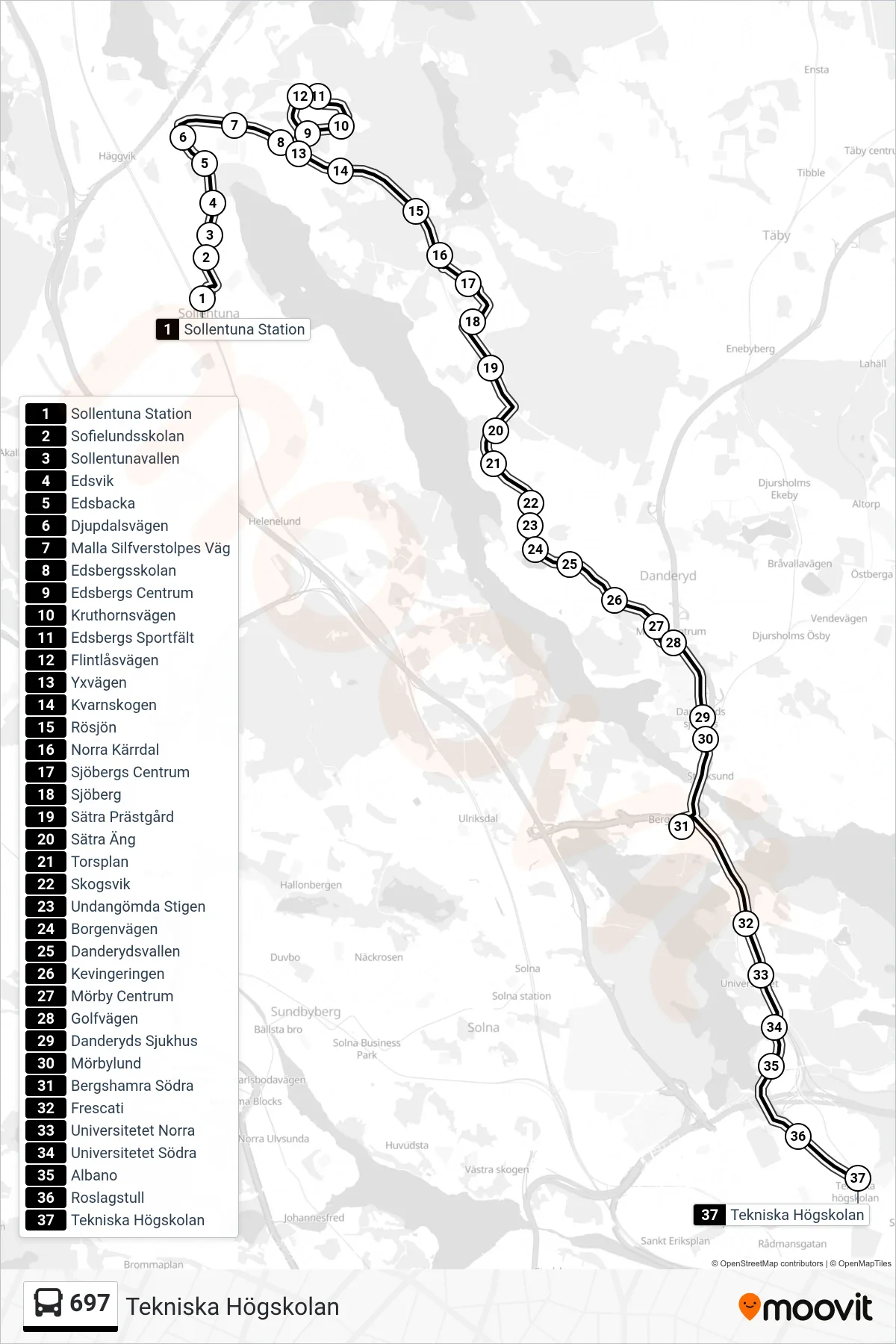 Rutt och hållplatser på karta för linje 697 buss, (Tekniska Högskolan)