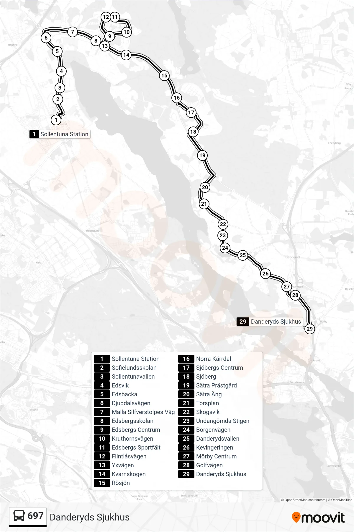 Rutt och hållplatser på karta för linje 697 buss, (Danderyds Sjukhus)