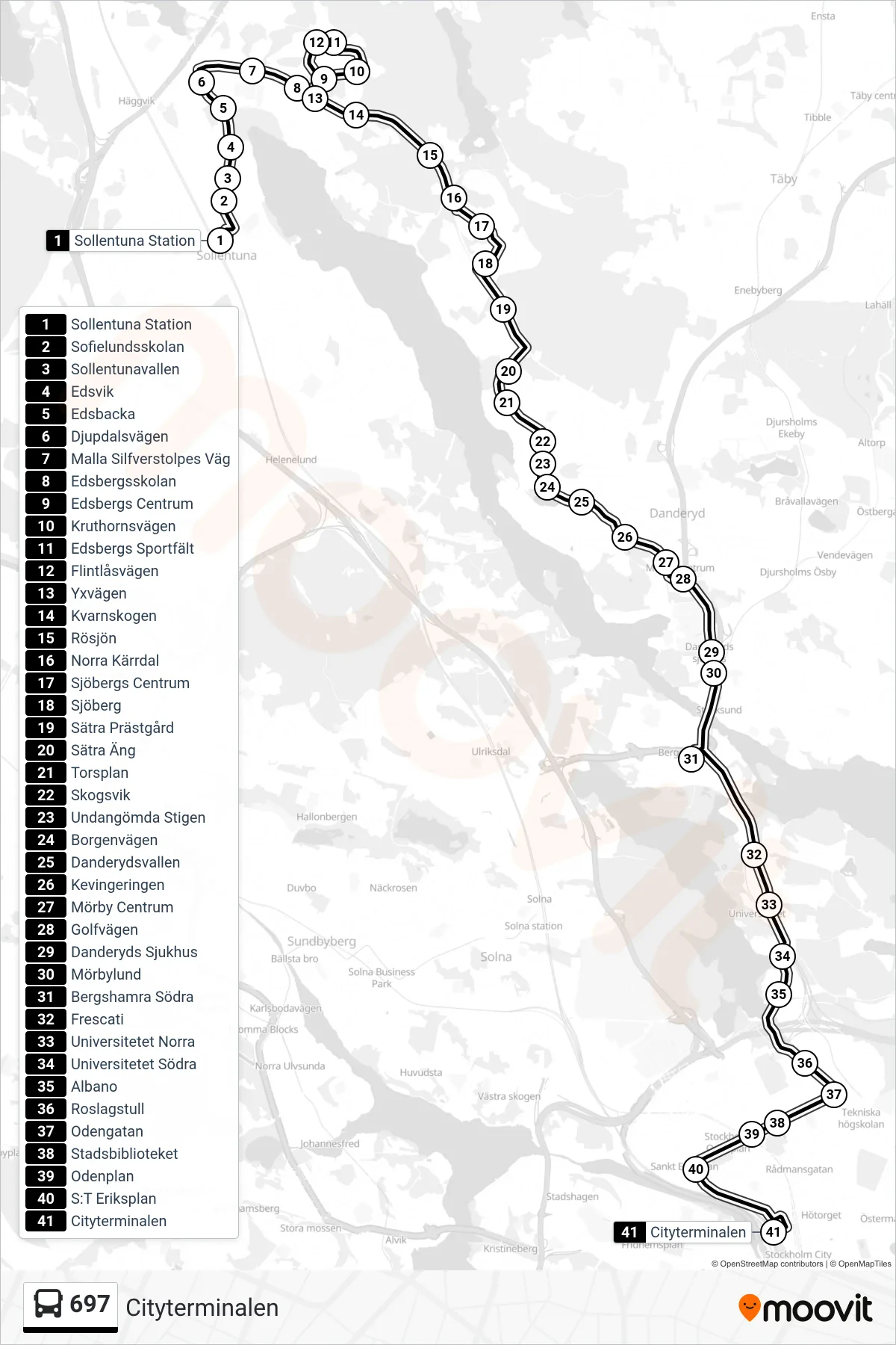 Rutt och hållplatser på karta för linje 697 buss, (Cityterminalen)