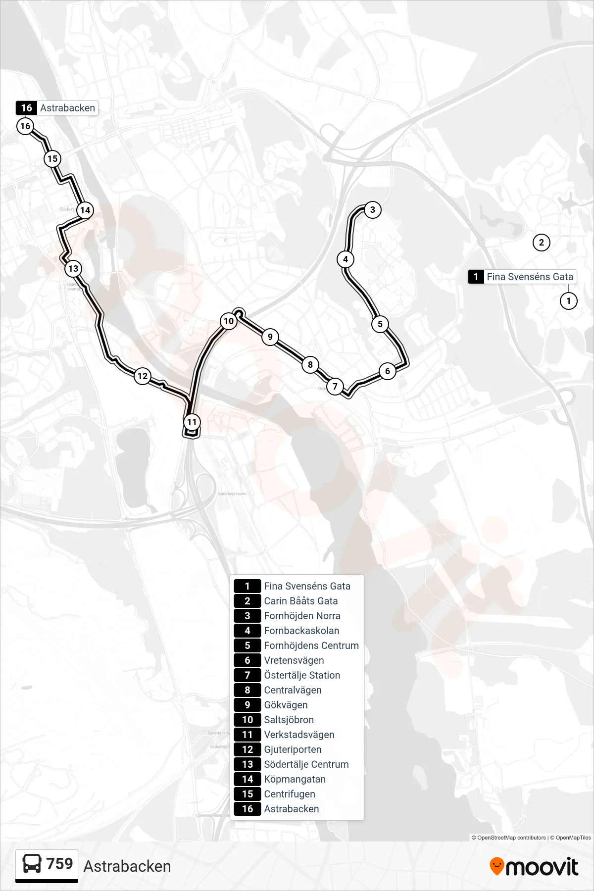 Rutt och hållplatser på karta för linje 759 buss, (Astrabacken)