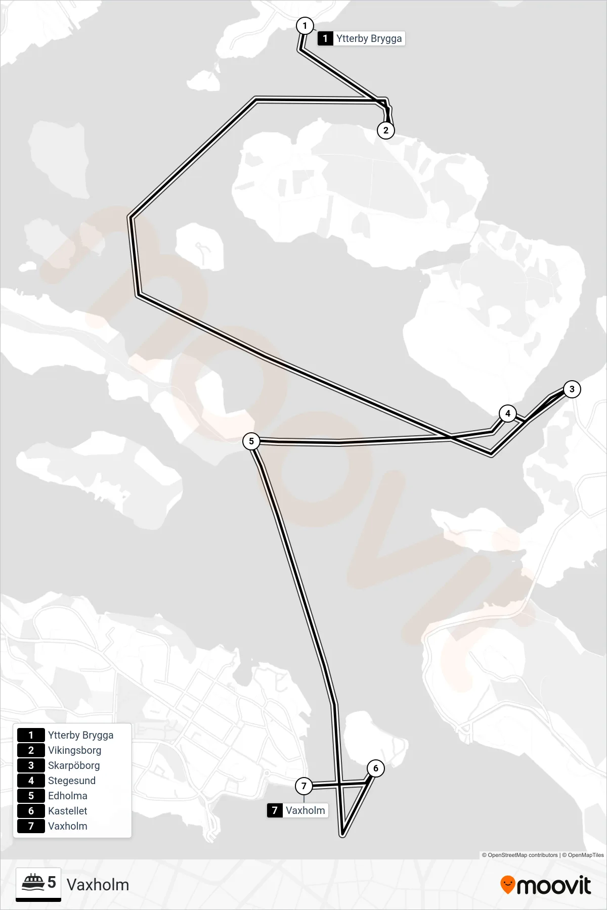 Rutt och hållplatser på karta för linje 5 färja, (Vaxholm)