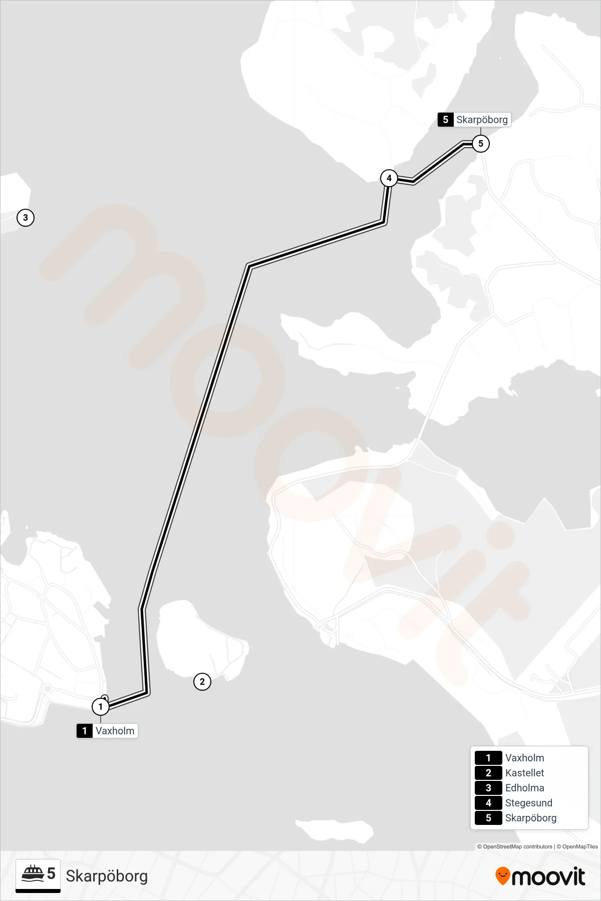 Rutt och hållplatser på karta för linje 5 färja, (Skarpöborg)