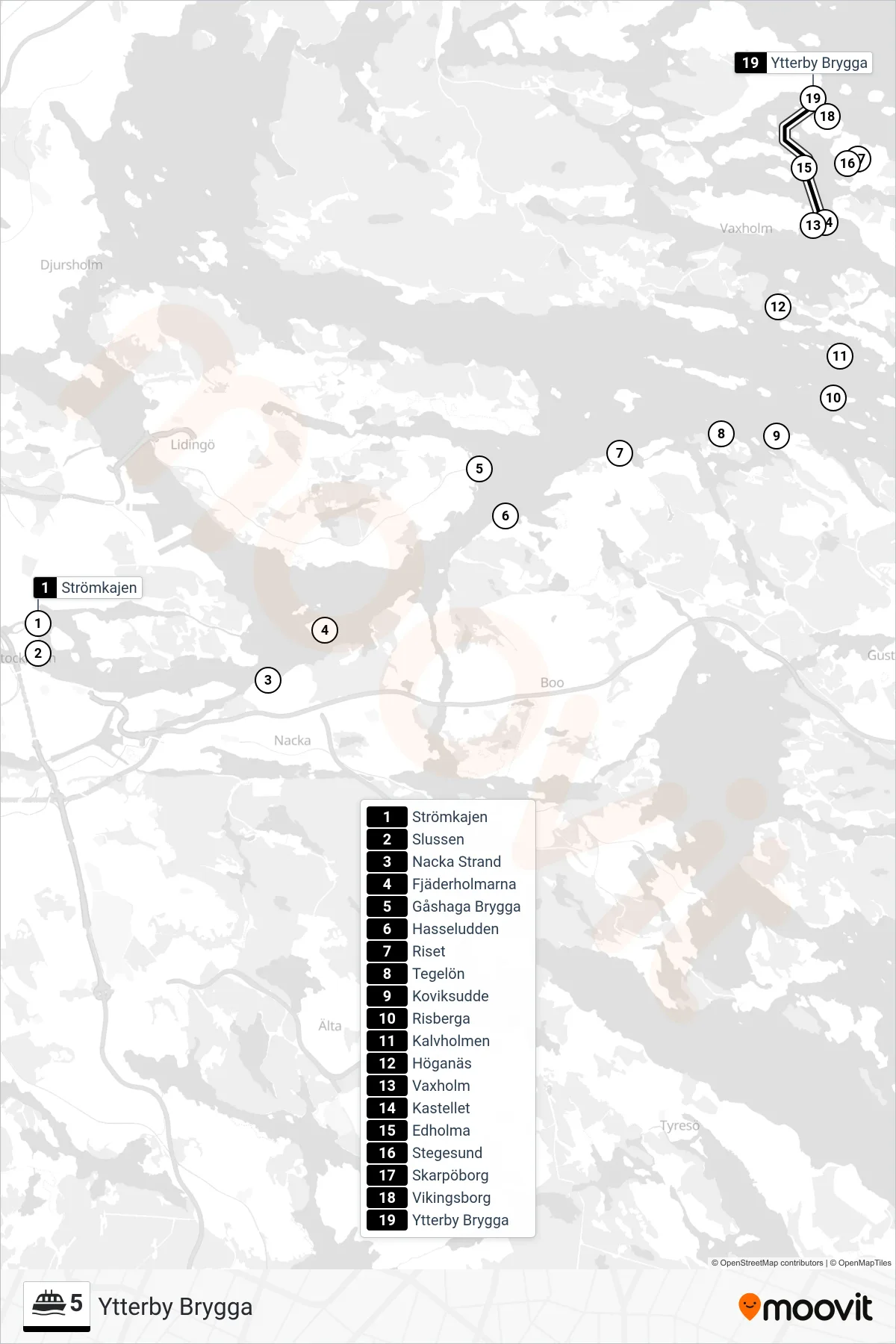 Rutt och hållplatser på karta för linje 5 färja, (Ytterby Brygga)