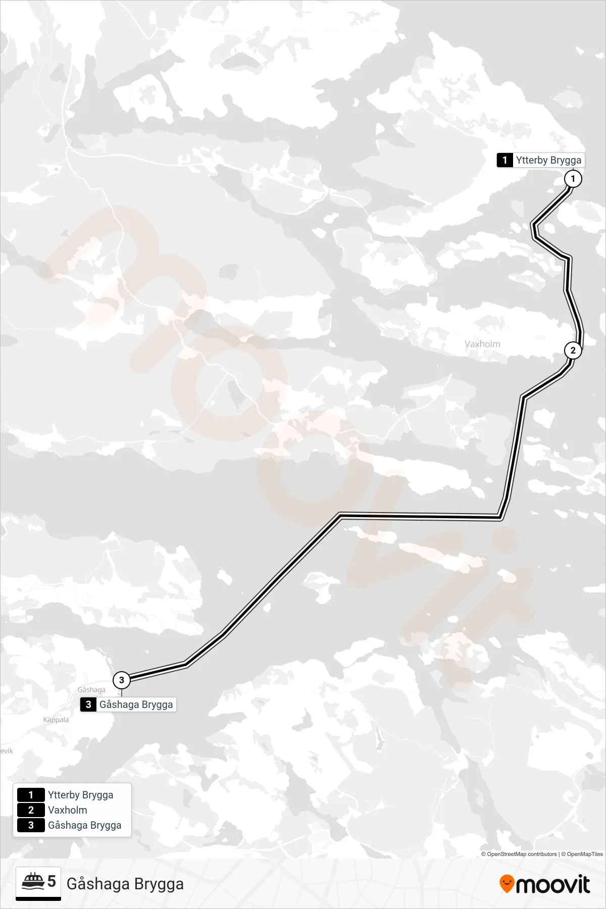 Rutt och hållplatser på karta för linje 5 färja, (Gåshaga Brygga)