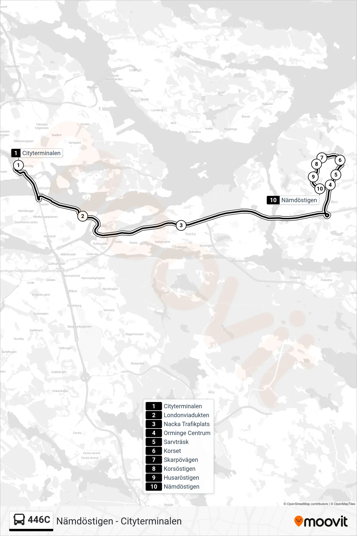 Rutt och hållplatser på karta för linje 446C  buss, (Nämdöstigen)