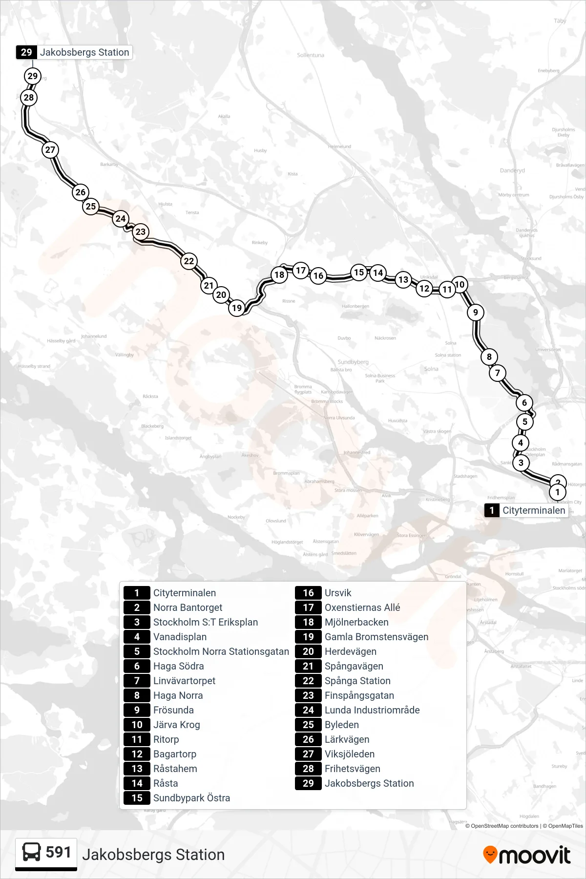 Rutt och hållplatser på karta för linje 591 buss, (Jakobsbergs Station)
